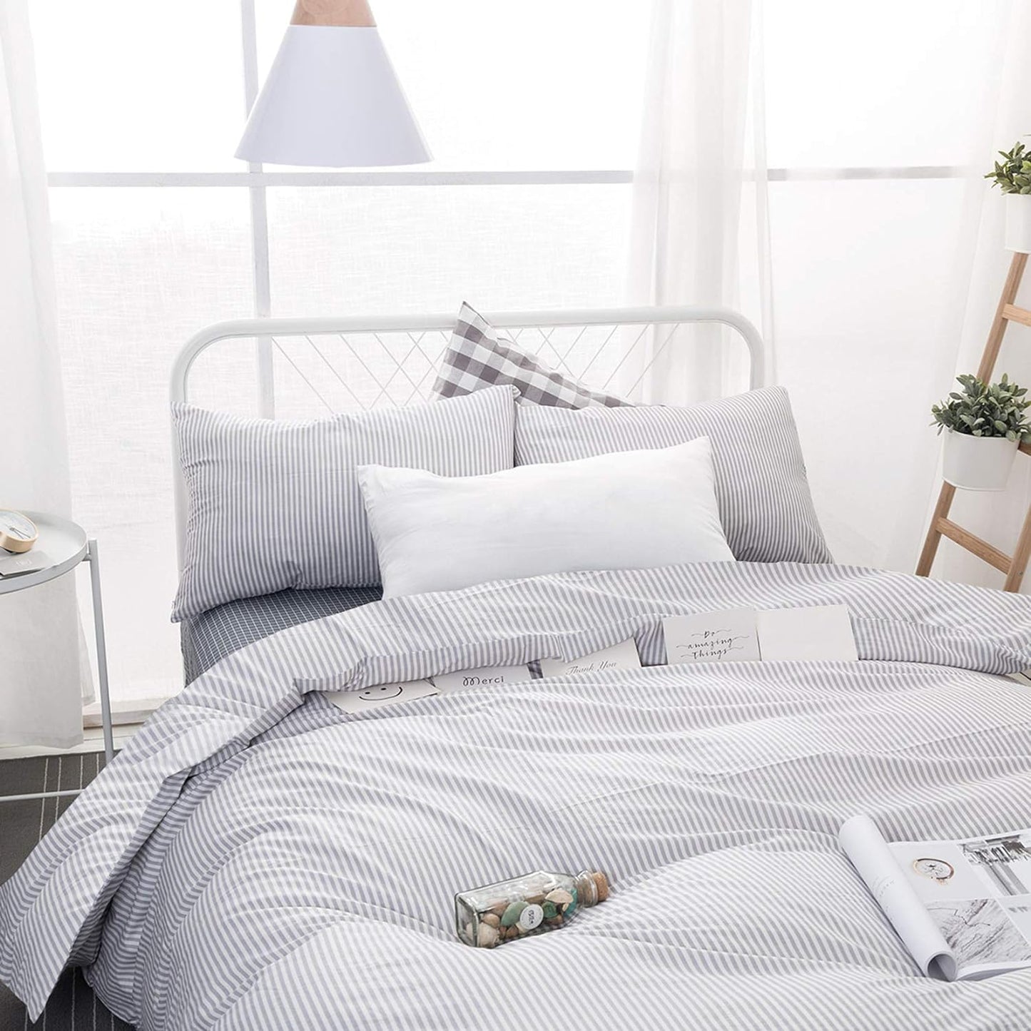 - Striped Duvet Cover Set, 100% Cotton Bedding, Gray Grey Vertical Ticking Stripes Pattern Printed on White, with Zipper Closure (3Pcs, Full Size)