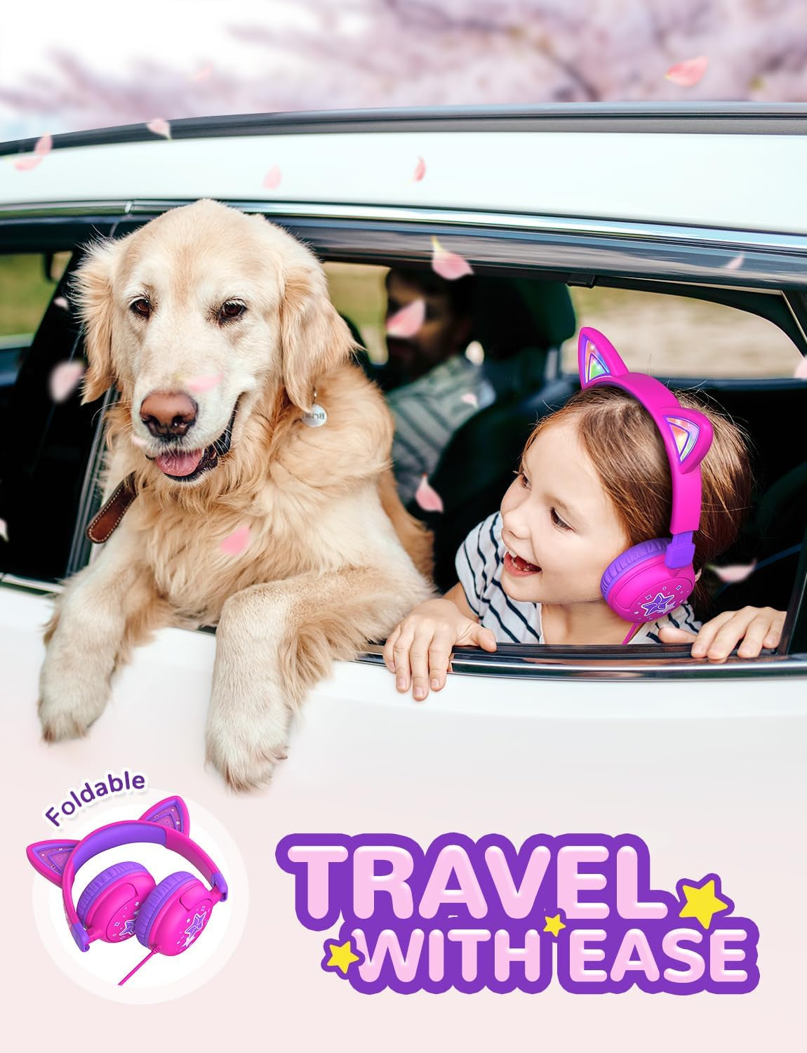 Children's Cat Ear Headphones with LED Lights, 85dBA Volume Limiting, Stereo Sound, Foldable Wired Design for Travel and School, Compatible with iPads and Tablets, Meow Lollipop - Hot Pink