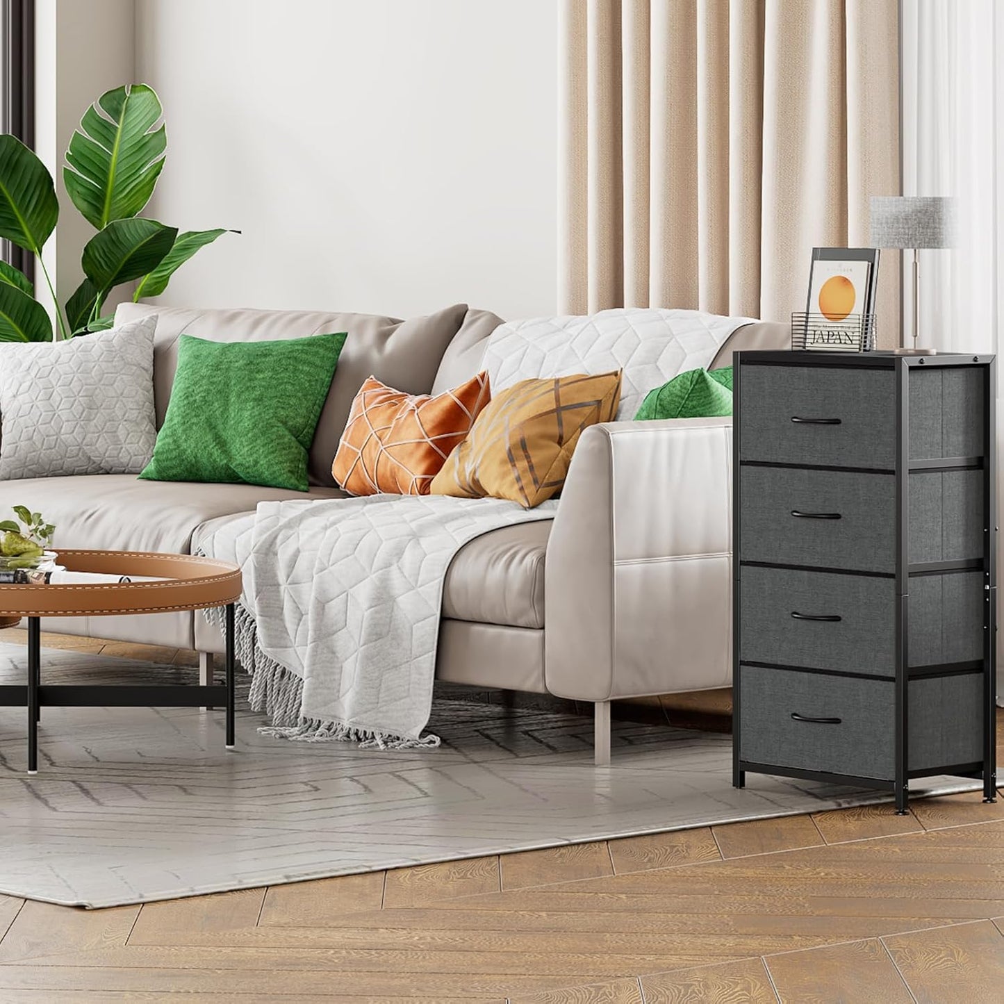 4-Drawer Dresser Vertical Storage Tower Fabric Dresser for Bedroom, Hallway, Entryway, Closet Organizer, Nightstand Bedside Table Furniture,Wooden Top (4-Tier, Black)