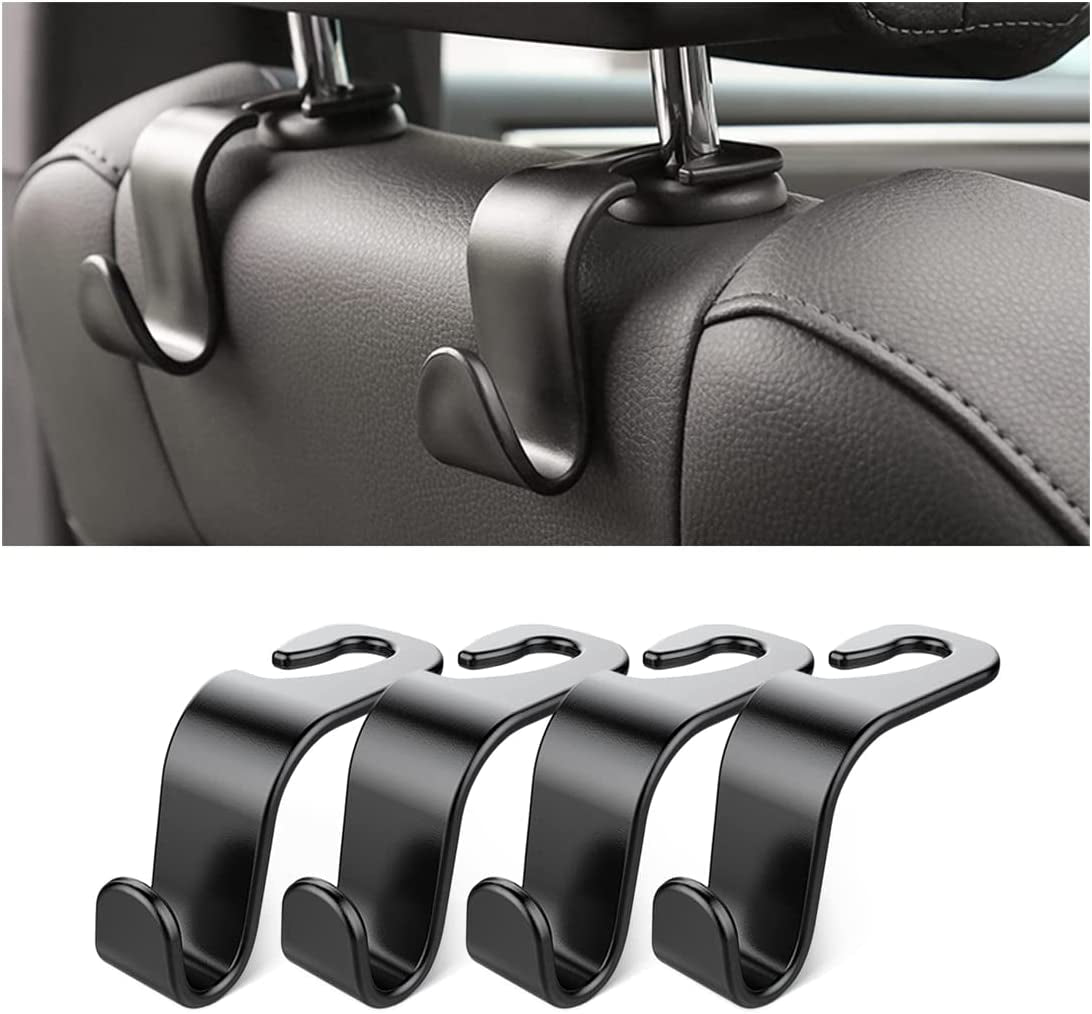 4-Piece Black Car Headrest Hooks - Universal Rear Seat Hangers for Handbags, Wallets, Grocery Bags, and Children's Toys