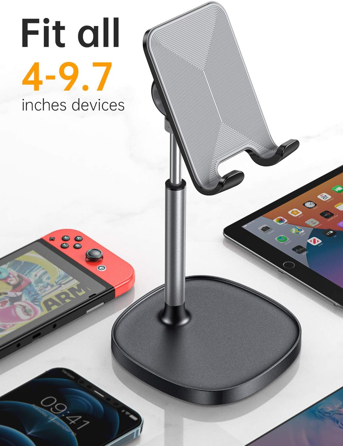 Adjustable Height Cell Phone and Tablet Stand for Desk, Compatible with All Mobile Devices and Small iPads (4-9.7 Inch) - Black