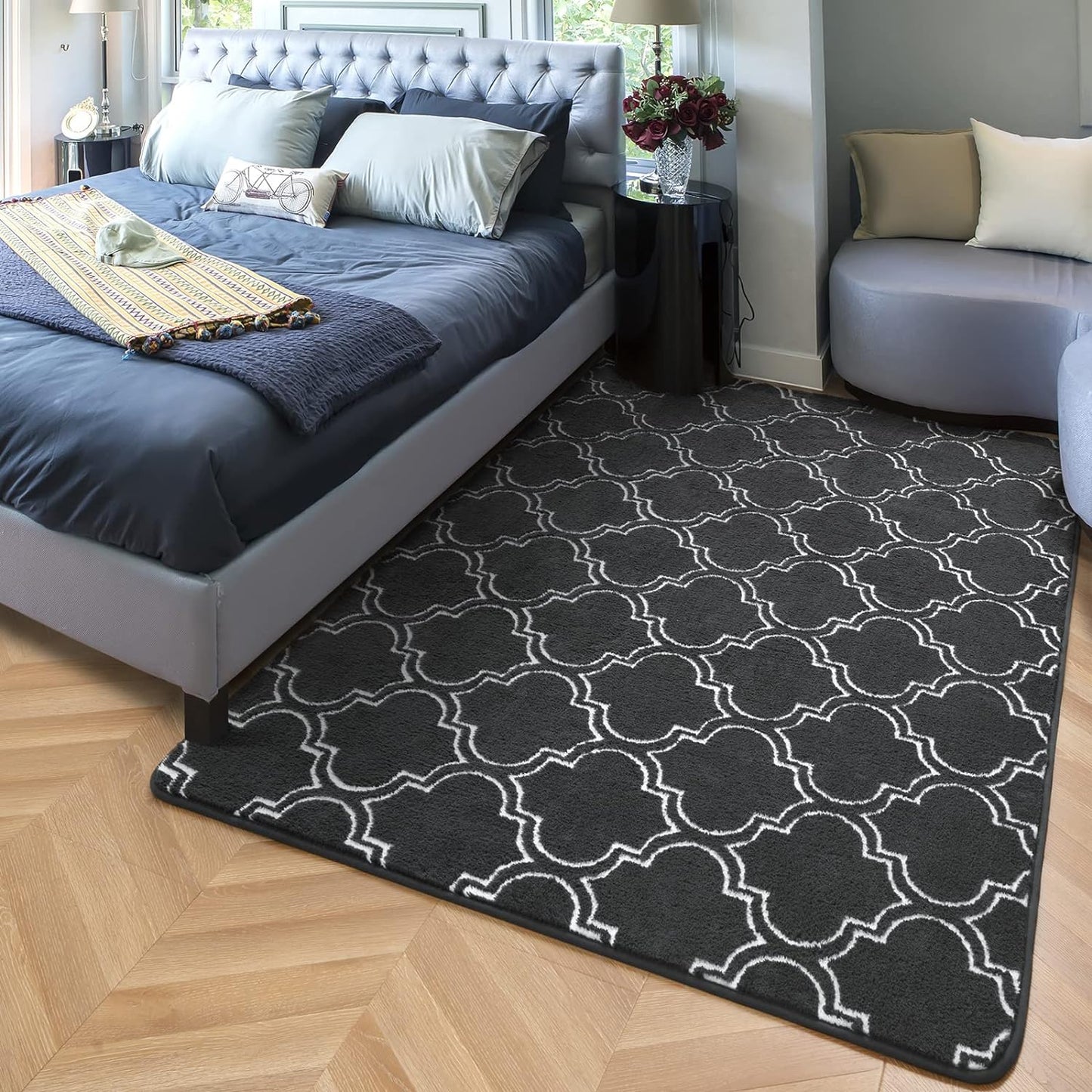 Shag Area Rug, 4' x 6' Soft Trellis Design for Bedroom and Living Room, Memory Foam Indoor Carpet, Gray/White