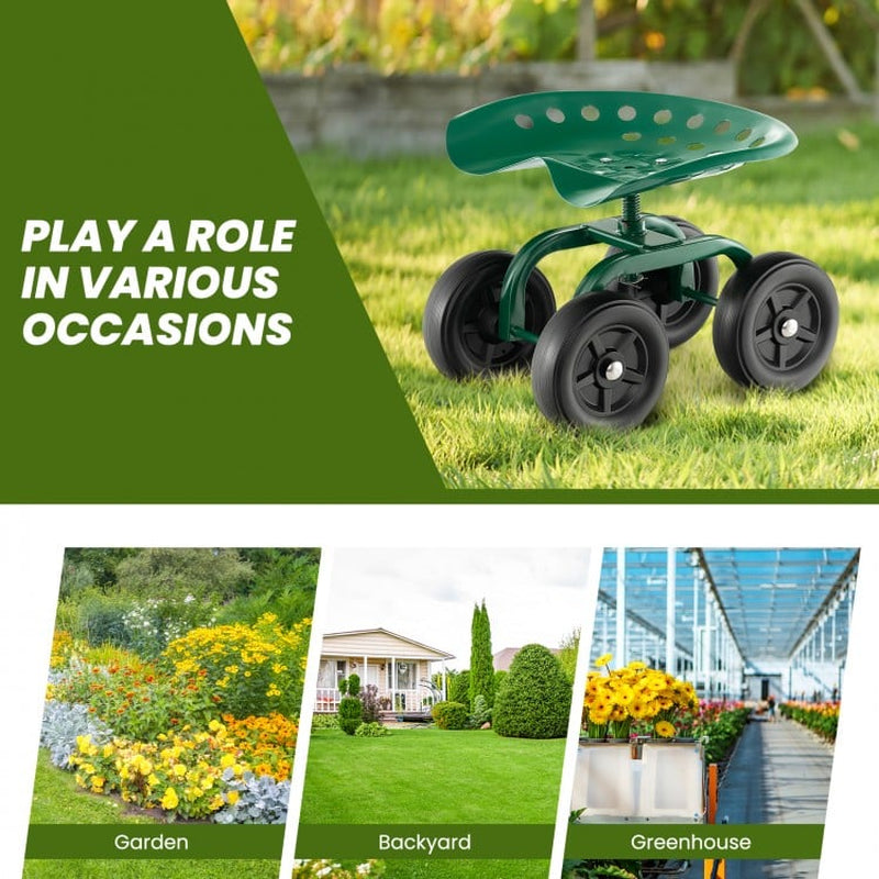 Garden Rolling Work Seat with 360° Swivel and Adjustable Height