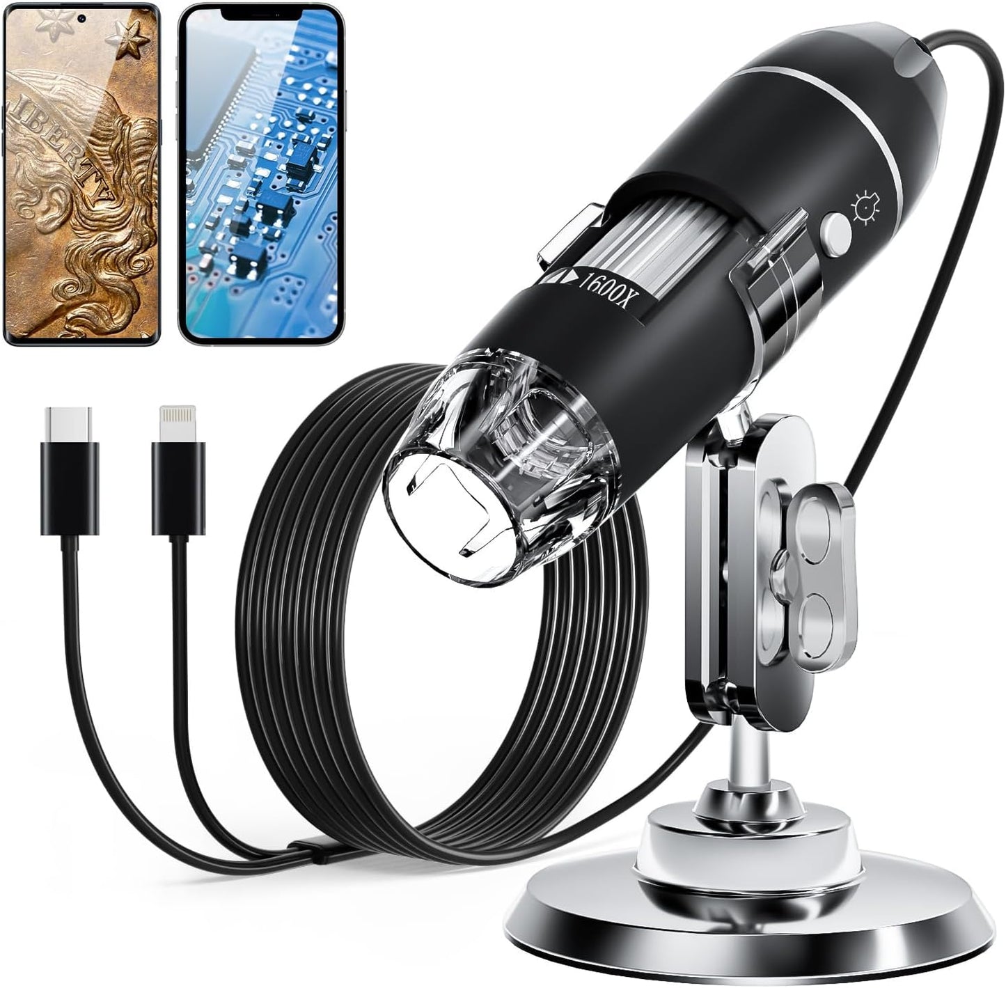 USB Digital Microscope Camera - Handheld HD Inspection Device - 50X-1600X Magnification, Adjustable Stand, 8 LED Lights, for iOS & Android (Black)