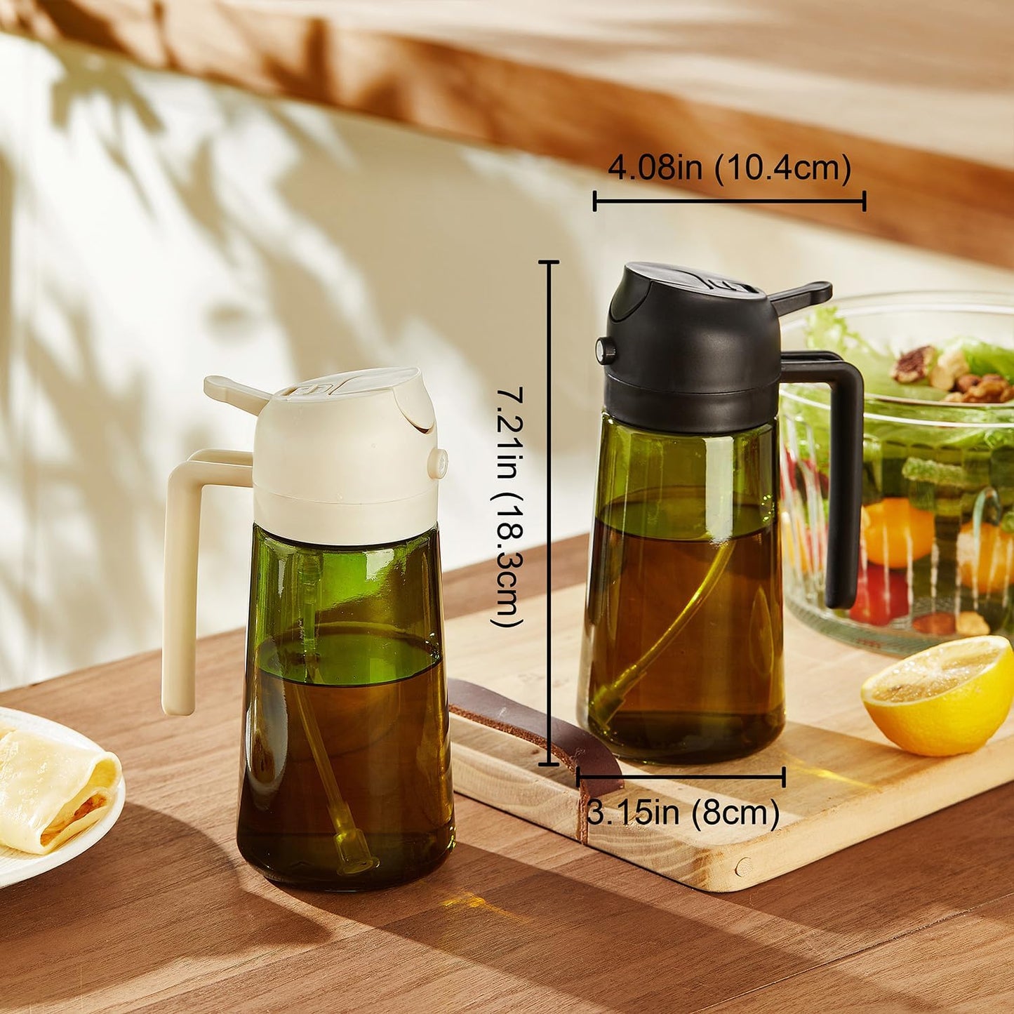 16 oz Olive Oil Dispenser and Sprayer - Dual Function Kitchen Bottle with Labels - Black Olive Oil Sprayer for Cooking (Light Blockage)