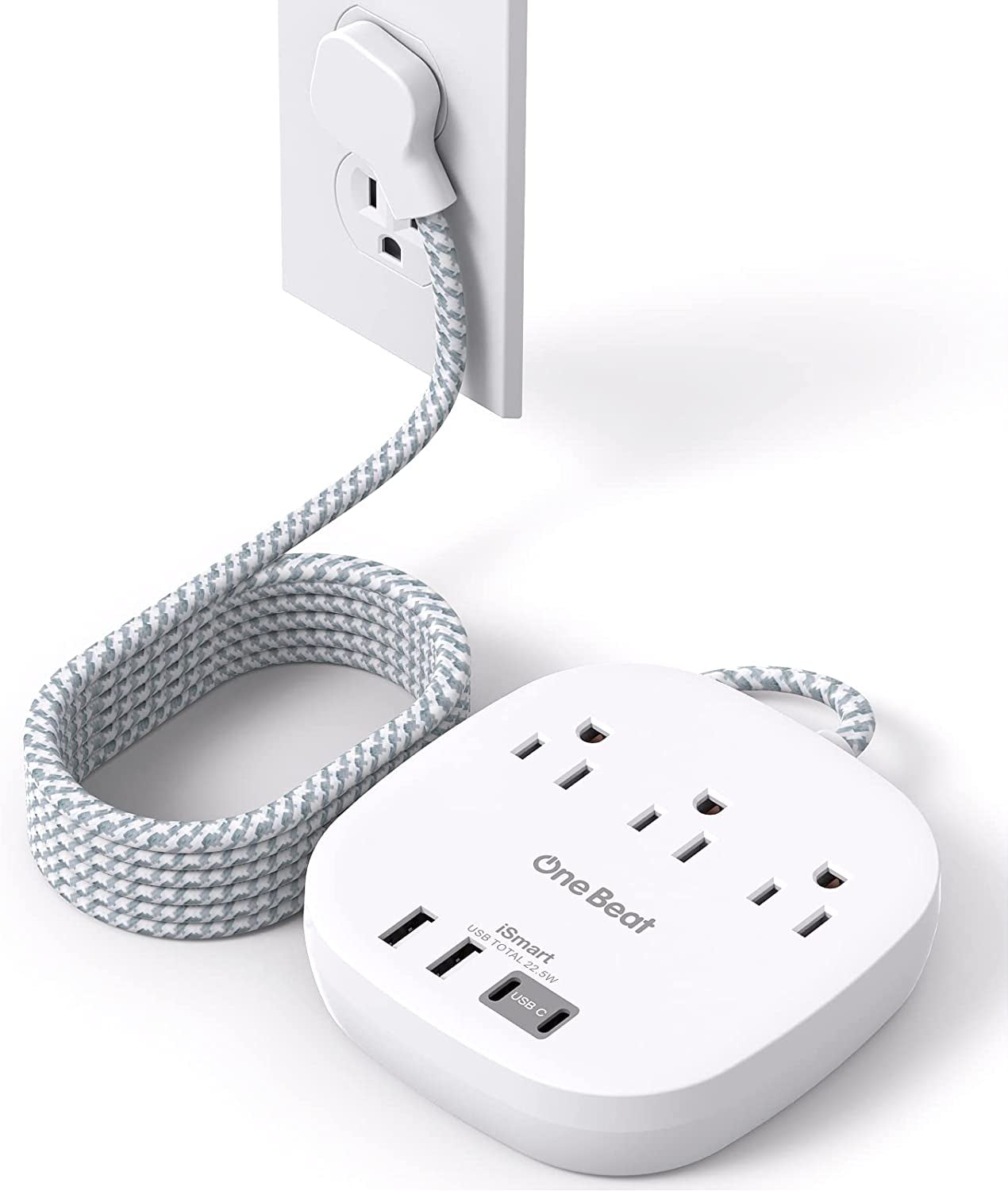 10-Foot Ultra-Thin Flat Plug Power Strip with 3 Outlets and 4 USB Ports (2 USB-C) - Desktop Charging Station - Travel and Dorm Room Use, No Surge Protection