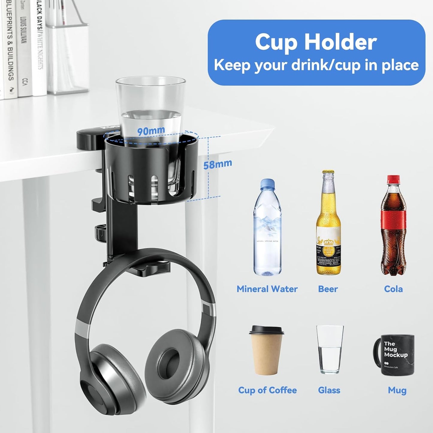 5-in-1 Desk Organizer with Rotating Headphone Hanger and Cup Holder - Clamp-On Storage Solution for Controllers, Headphones, Cups, Mobile Phones, and Pens (Black)