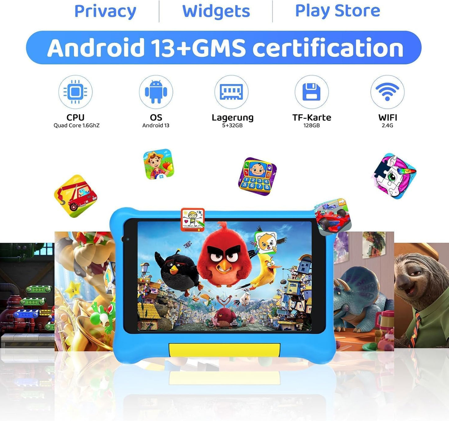 7-Inch Kids Tablet, Android 13 Quad-Core, 5GB RAM, 32GB Storage with 128GB Expandability, HD Display, Wi-Fi, Parental Control - Blue