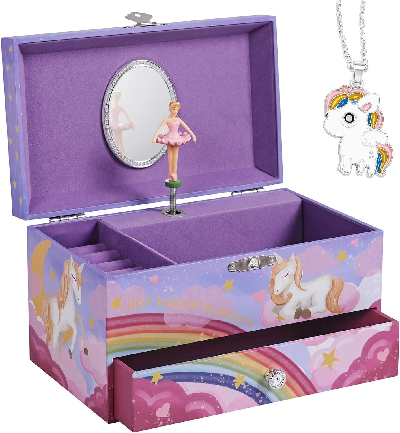 Music Jewelry Box, Ballerina Music Box, Rainbow and Unicorn, 7.5 X 4.3 X 4.3 Inches, Purple
