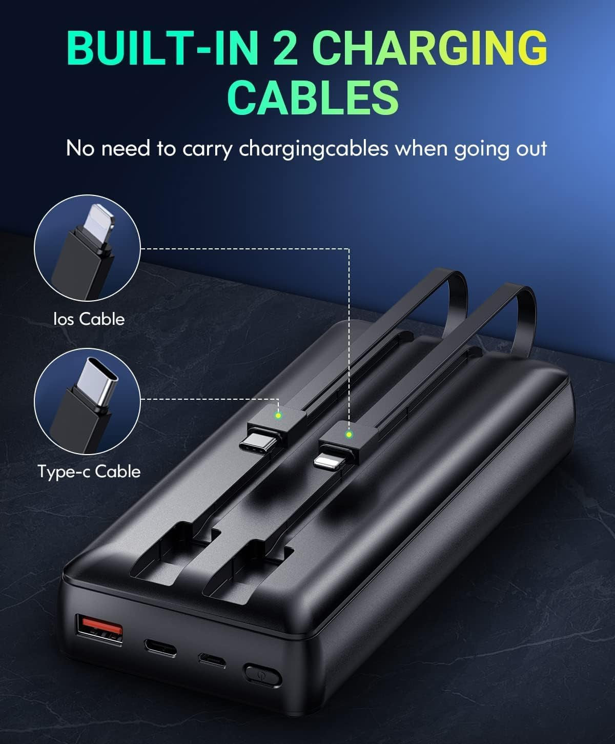 High-Capacity 40000mAh Portable Power Bank - PD 30W and QC4.0 Fast Charging, Built-in Dual Output Cables, LED Display