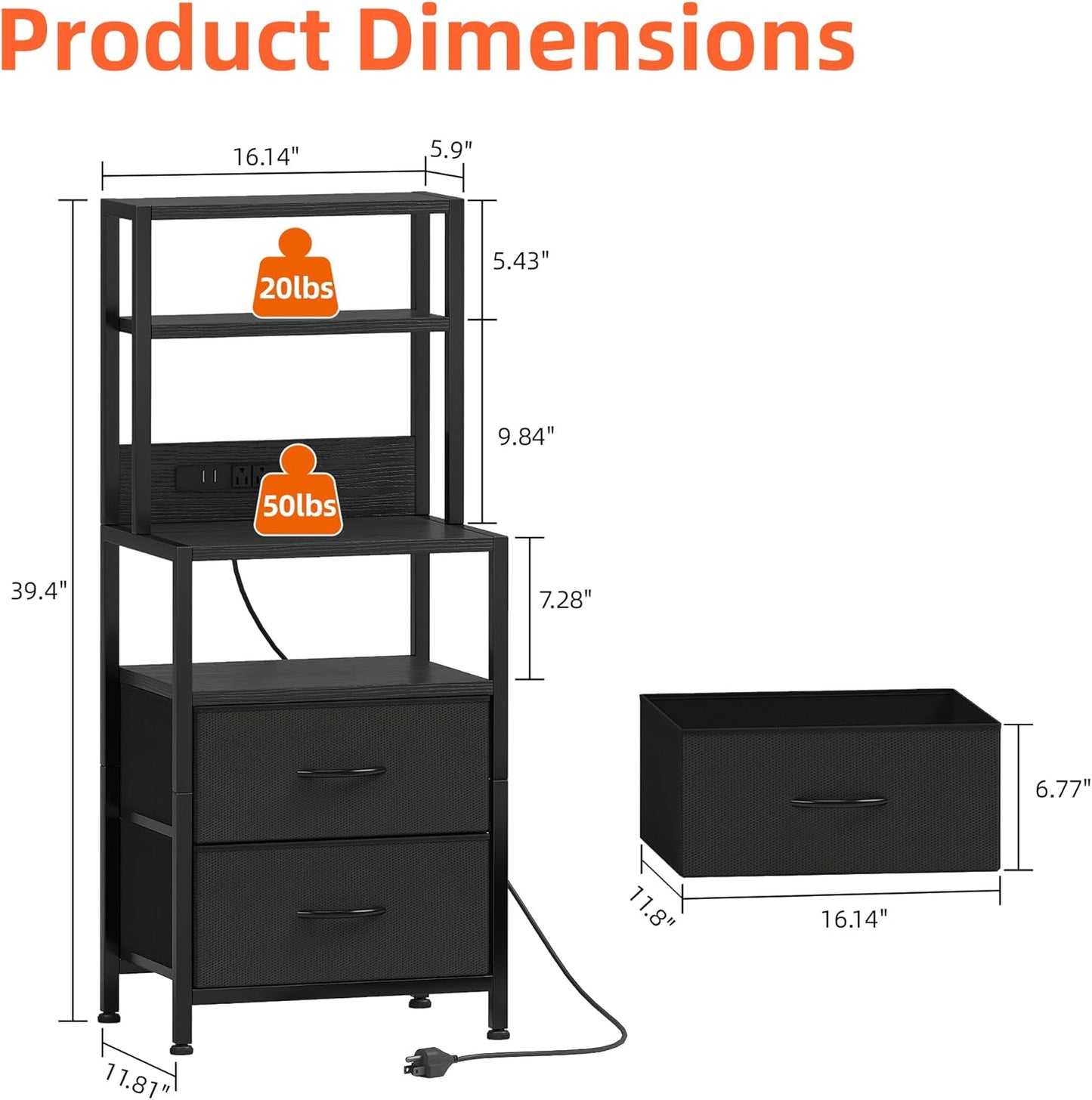 39" Tall LED Nightstand with Charging Station, Storage Drawer, and USB Ports - Black Bedroom Bedside Table