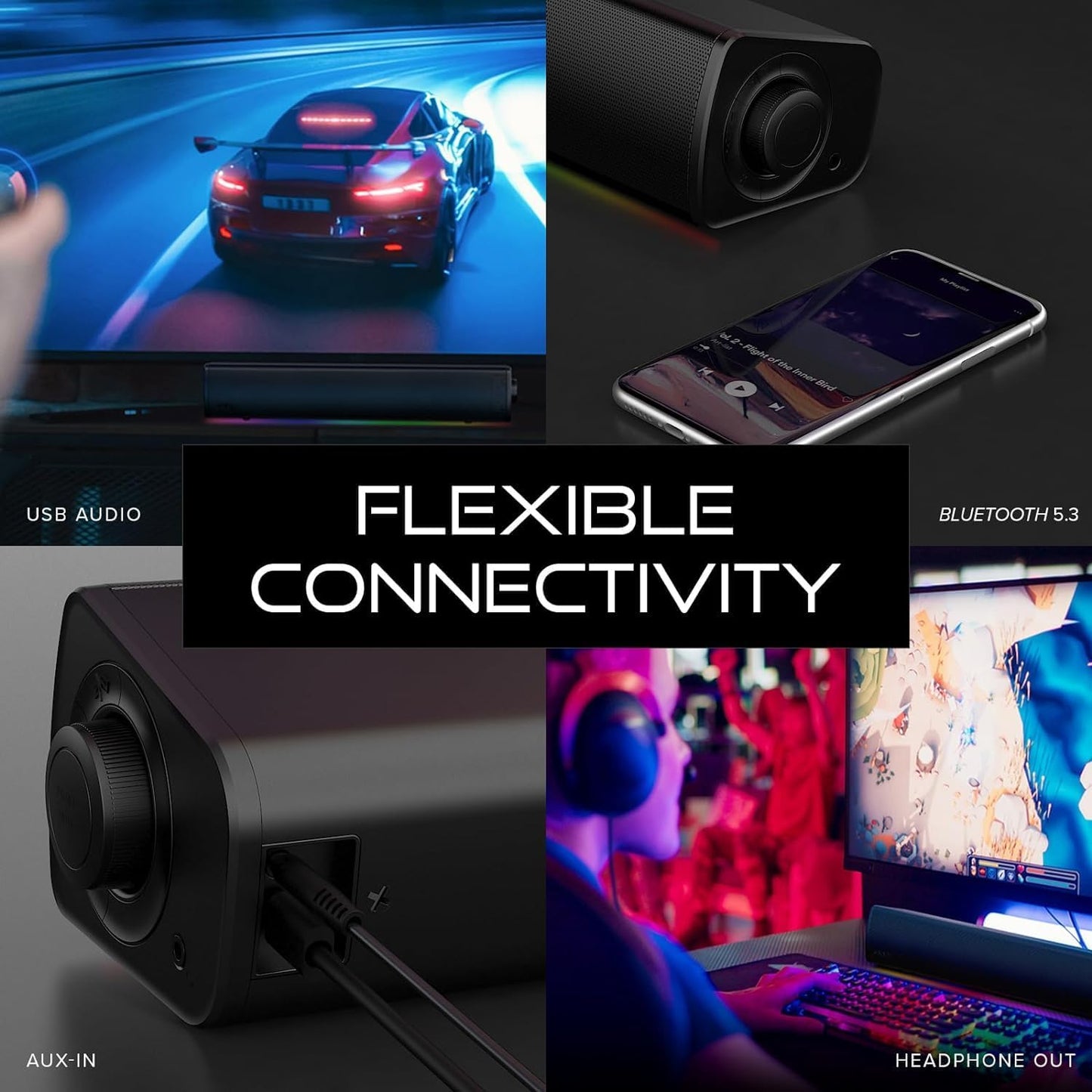 Compact RGB Gaming Soundbar with Superwide Technology, USB-Powered, Bluetooth 5.4, and Headphone-Out Port for PC and Mac