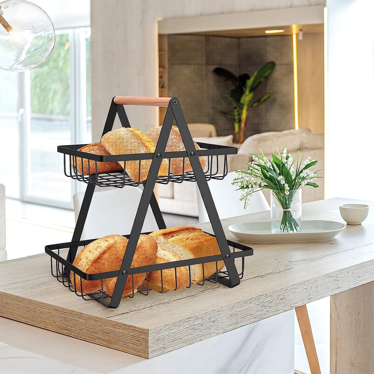 2-Tier Portable Countertop Fruit Basket for Kitchen and Dining Room Organization - Detachable Metal Rectangle Storage