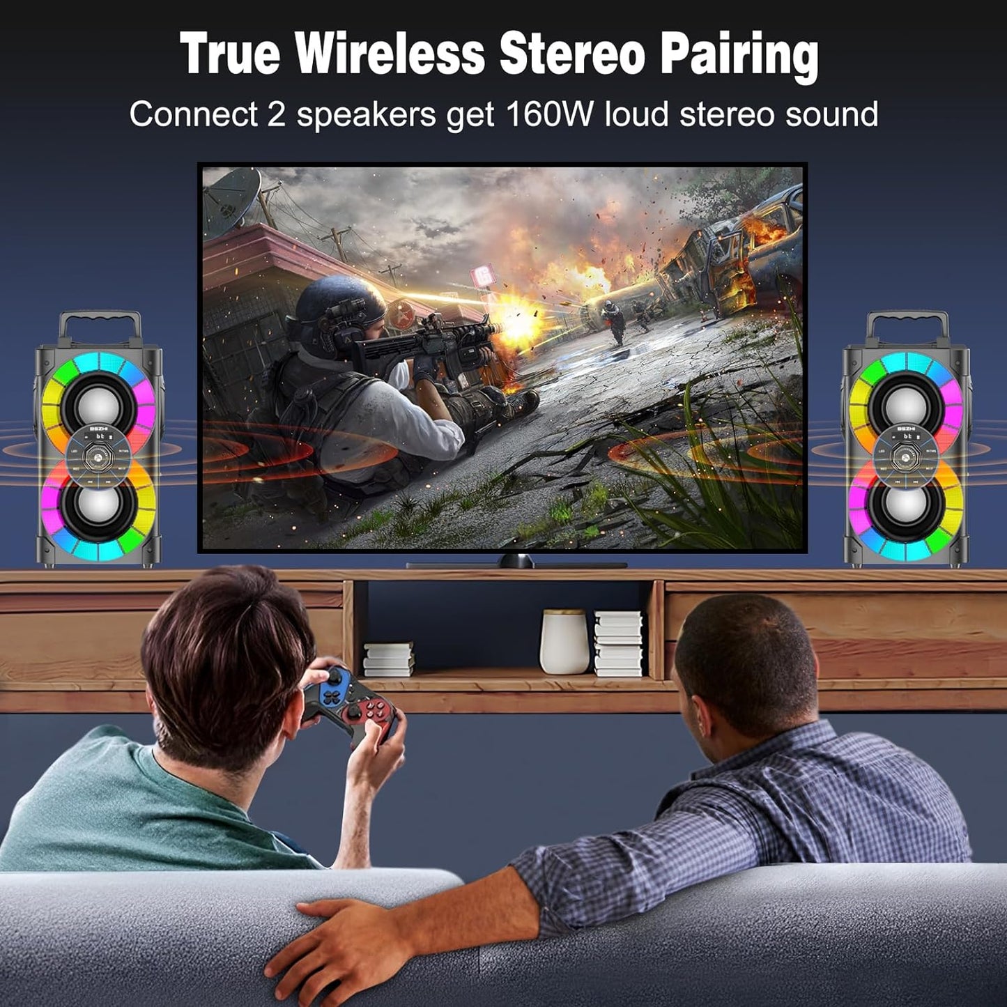 80W Portable Bluetooth Speakers - High-Performance Wireless Stereo Sound Boombox with Subwoofer, FM Radio, LED Lights, Remote Control