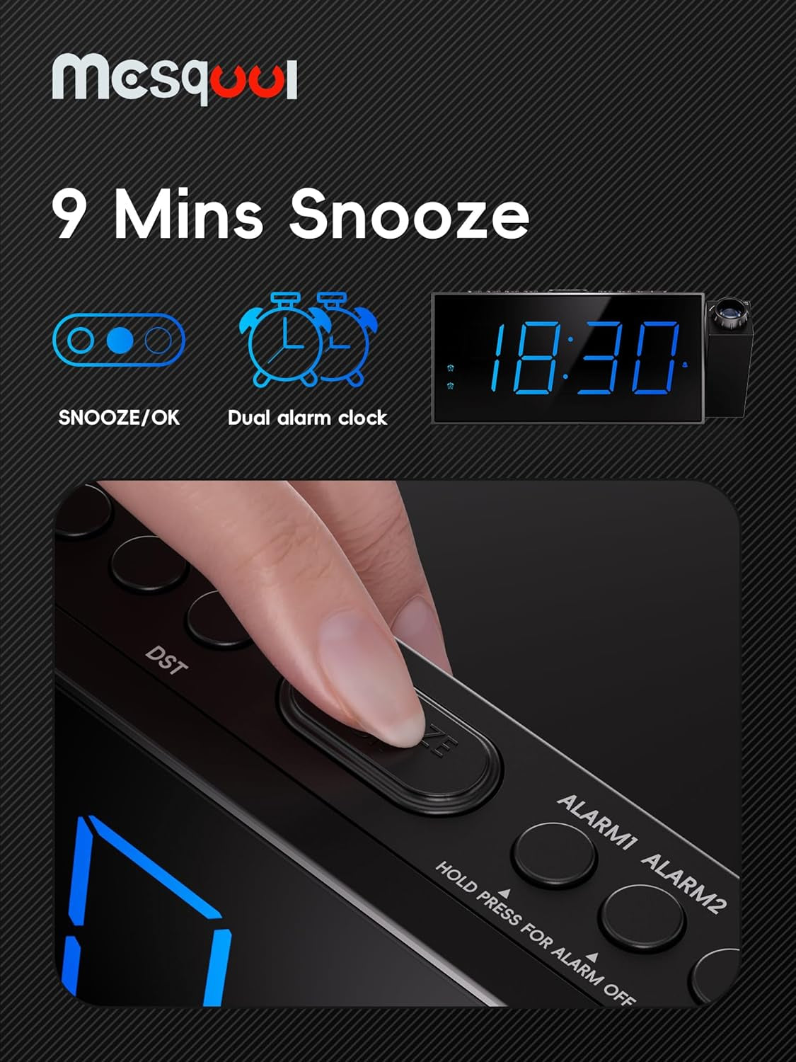 Projection Alarm Clock with 7" LED Display, Adjustable Dimmer, 5 Volume Levels, 9-Minute Snooze, Dual Alarm Functionality, USB Charging Port