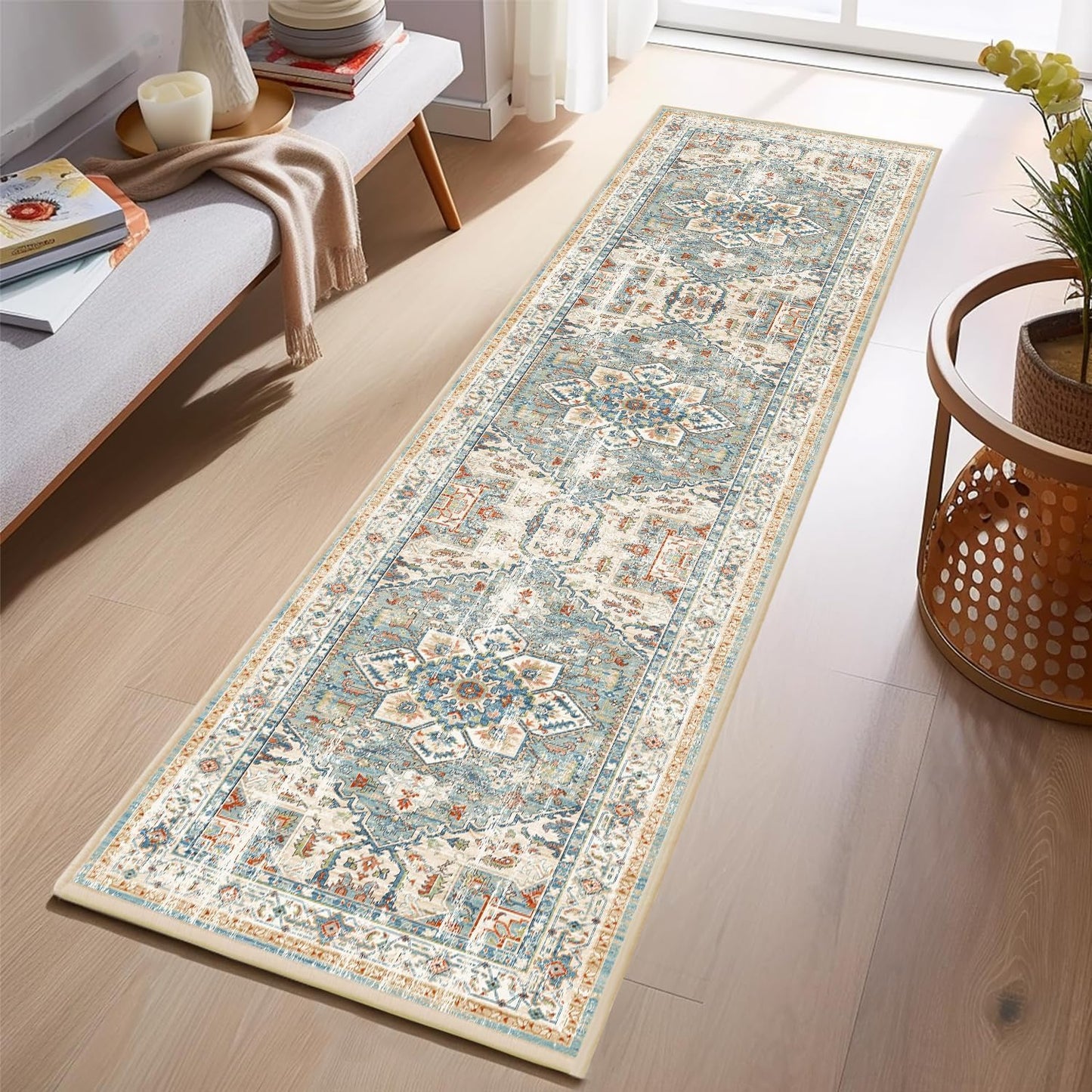 Boho Non-Slip Washable Runner Rug for Hallway and Kitchen, 2x5 Ft Light Grey Area Mat for Bedroom, Bath, Laundry, and Entryway