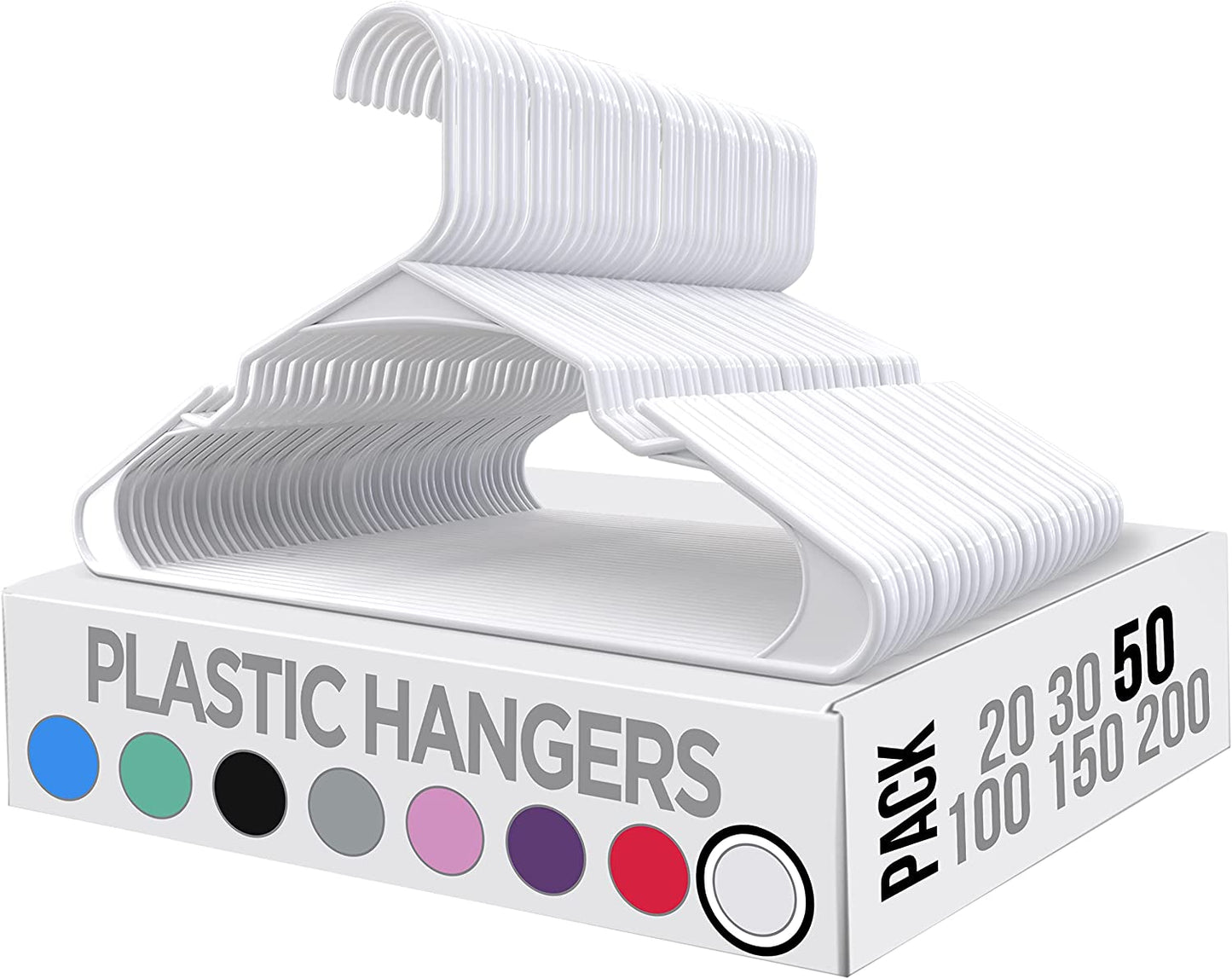 50-Pack White Plastic Hangers - Space-Saving Suit Hangers - Durable Slim Design with Shoulder Grooves