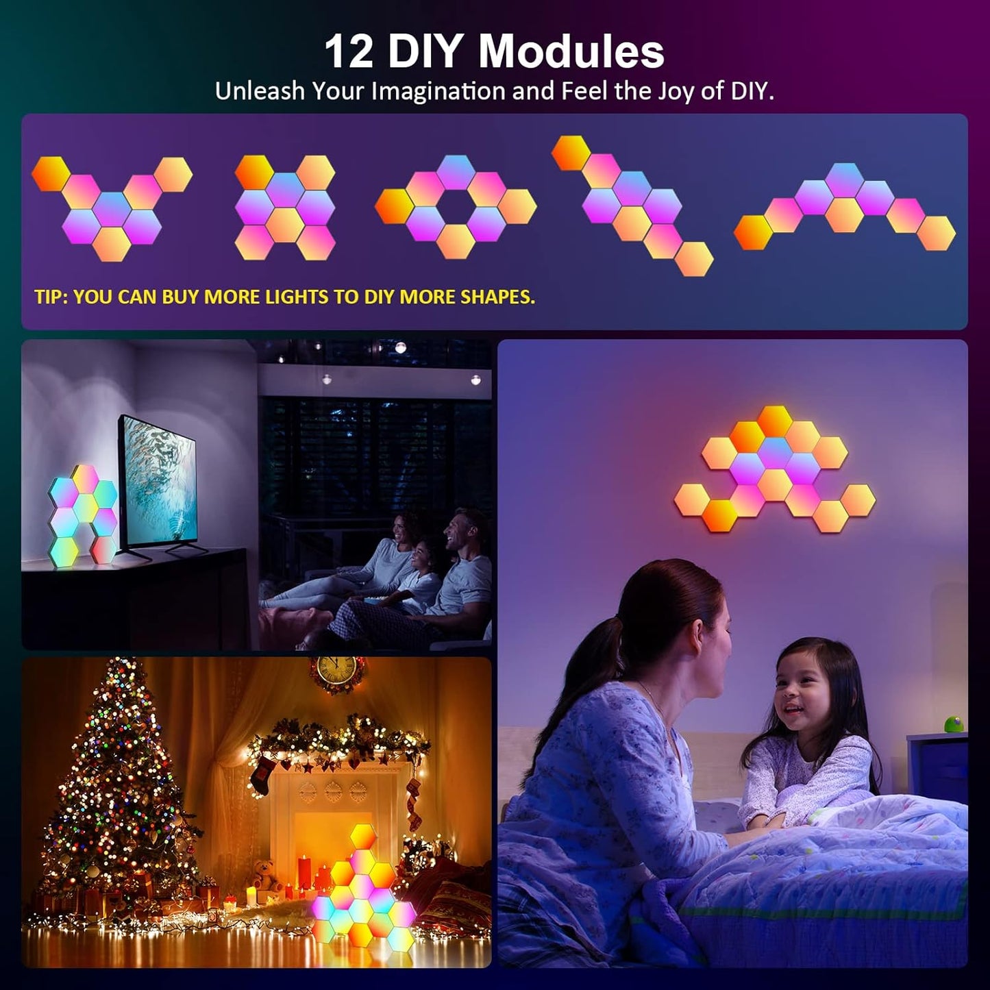 Hexagon LED Wall Light Panels: 12-Piece Smart Touch Sync Music Hex Lights for Gaming and Bedroom Decor
