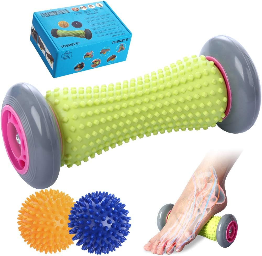 Foot Roller Massage Ball Set for Plantar Fasciitis Relief and Reflexology - 1 Roller and 2 Spiky Balls