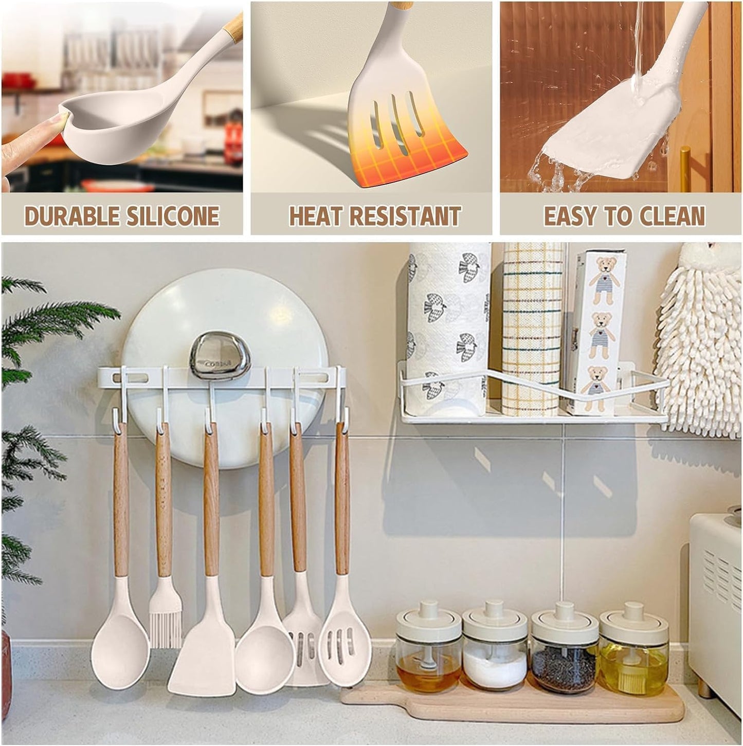 33-Piece Non-Stick Silicone Kitchen Utensils Set with Wooden Handles and Holder (Khaki)
