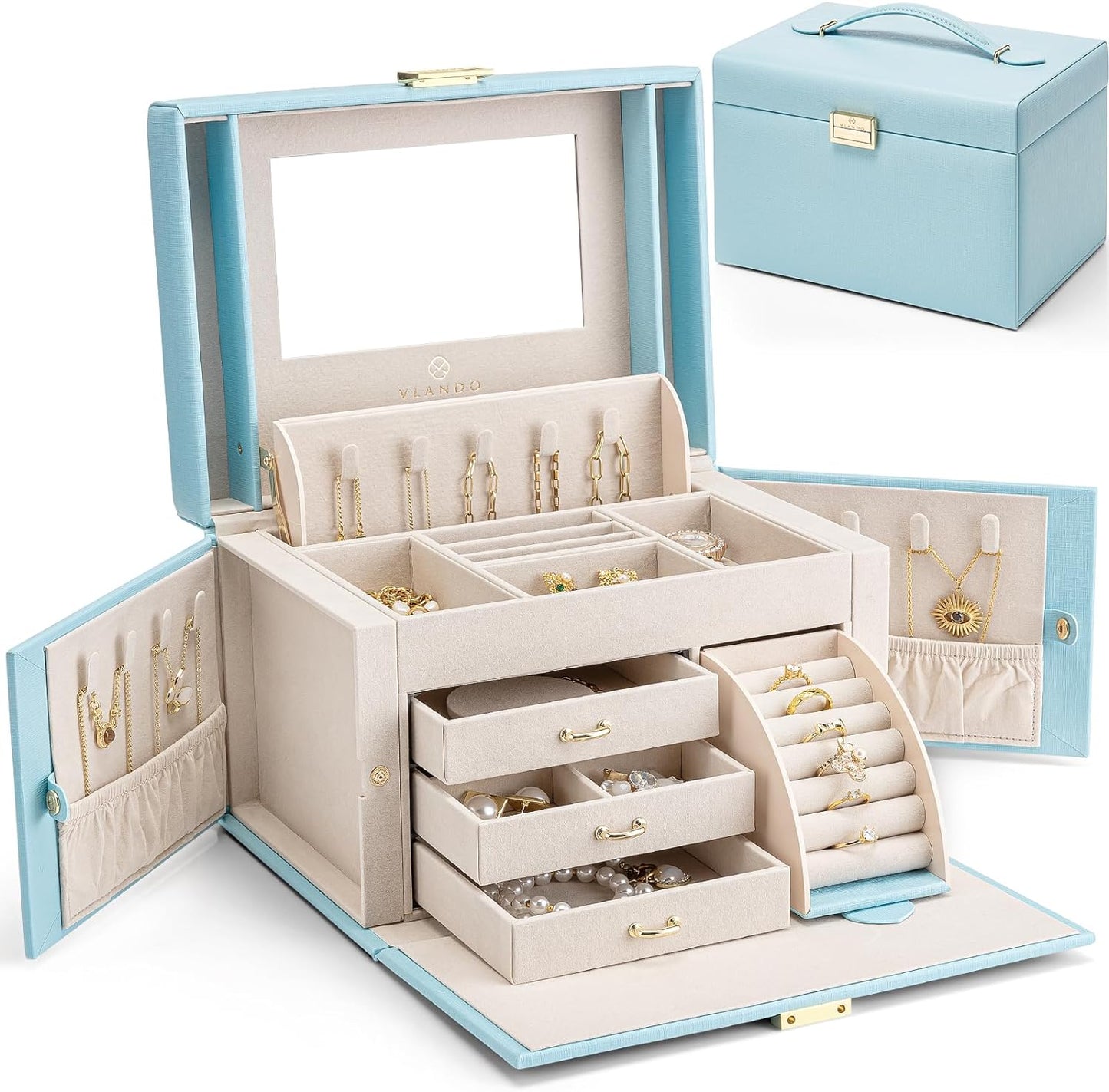 Elegant Baroque Jewelry Organizer-Spacious Storage Box with Mirror and Drawers for Bracelets, Earrings, Rings, Necklaces