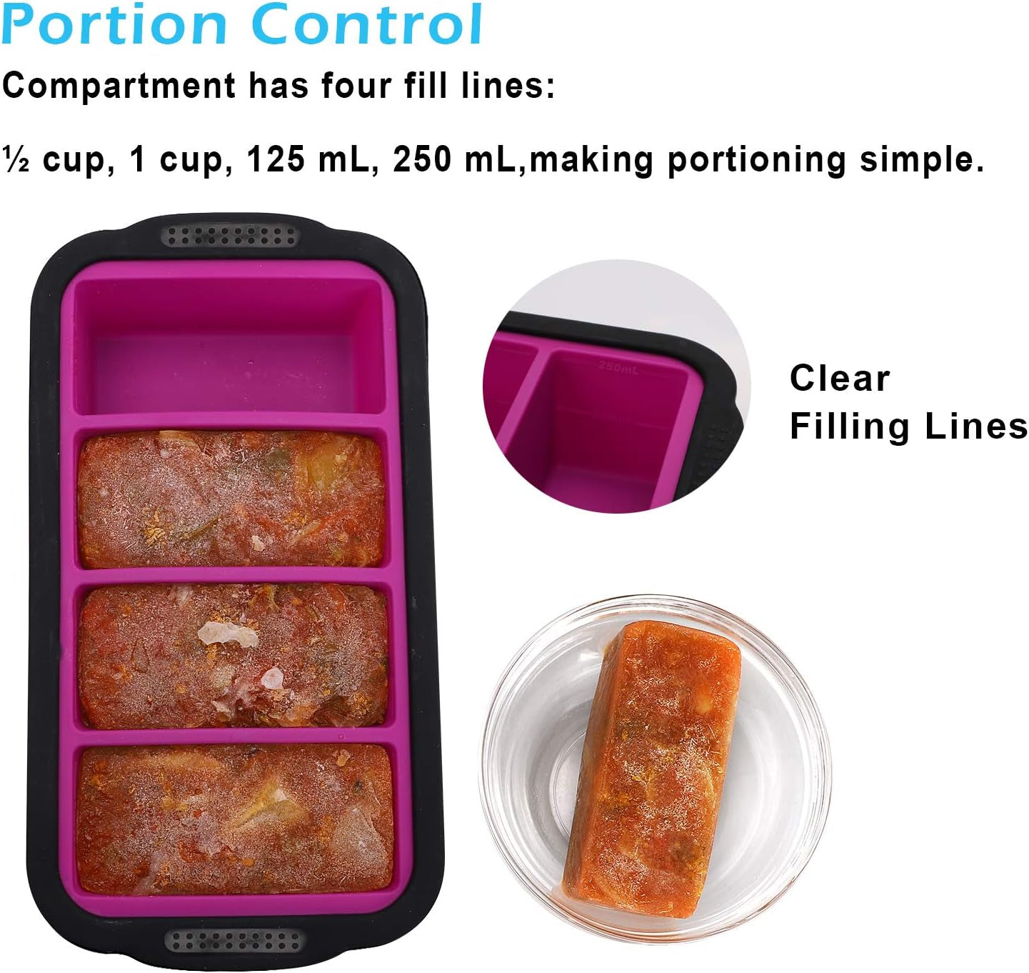 Extra Large 1-Cup Freezing Tray with Lid - Set of 2 Food Storage Molds, Ice Cube Trays- Four 1-Cup Portions (Purple)