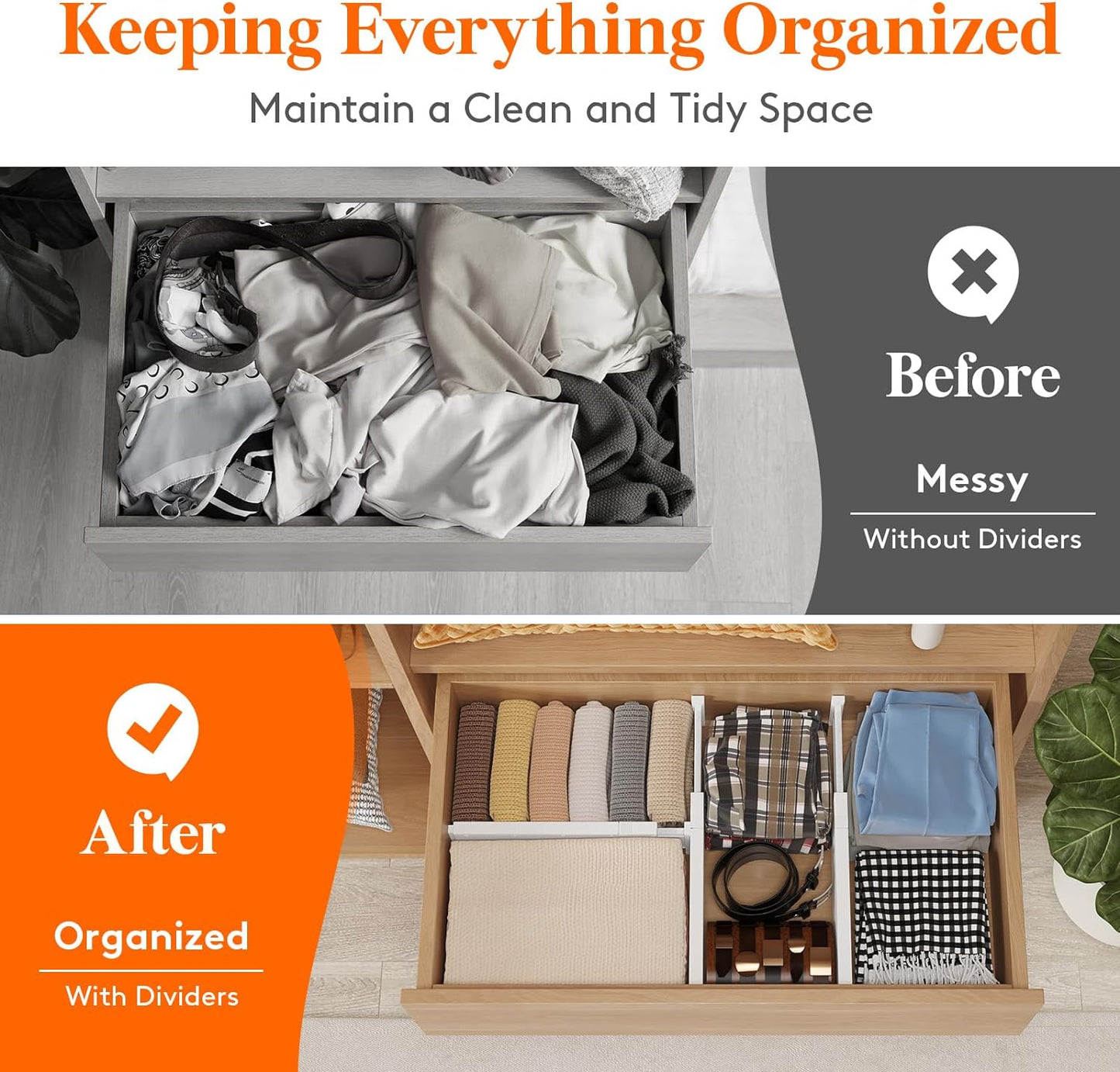 8-Pack Adjustable Plastic Drawer Dividers, 4" High, 11-17" for Closet and Vanity Organization
