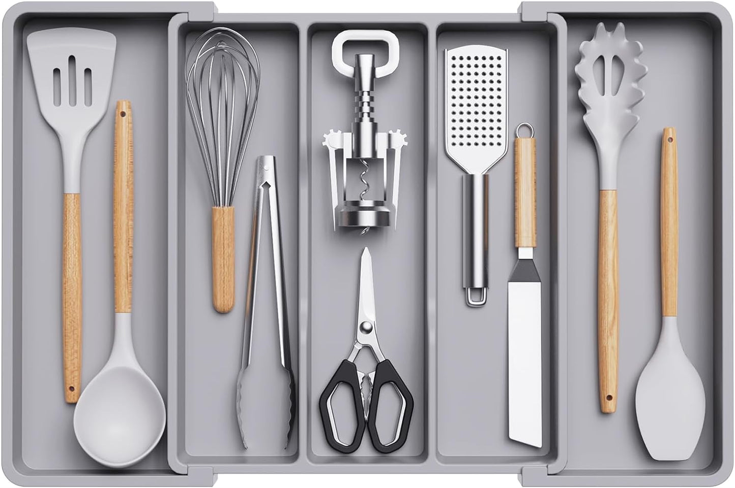 Expandable Kitchen Utensil Organizer Tray - Adjustable Cutlery and Silverware Holder, Large Gray Plastic Storage Divider
