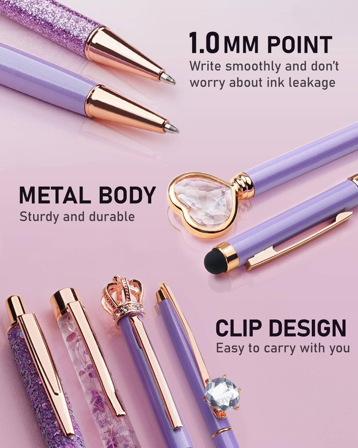 8Pcs Ballpoint Pens Set Purple Pens Set Purple Ballpoint Pen Bling in Black & Blue Ink Metal Crystal Diamond Pen for Journaling Glitter Fancy Pens Gifts for Women Wedding Office