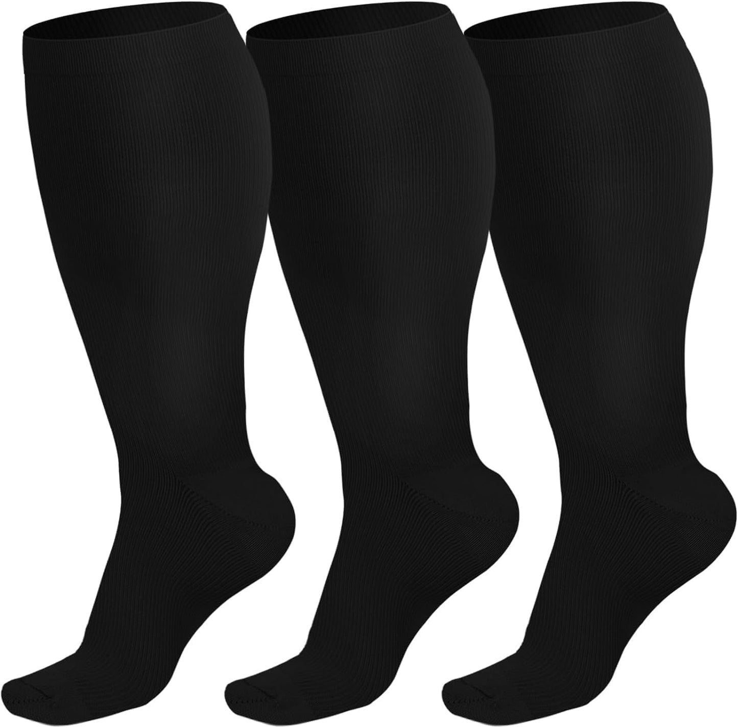 Plus Size Compression Socks (20-30 mmHg) for Men and Women, Extra Large Knee High Stockings for Wide Calves - 3 Pairs