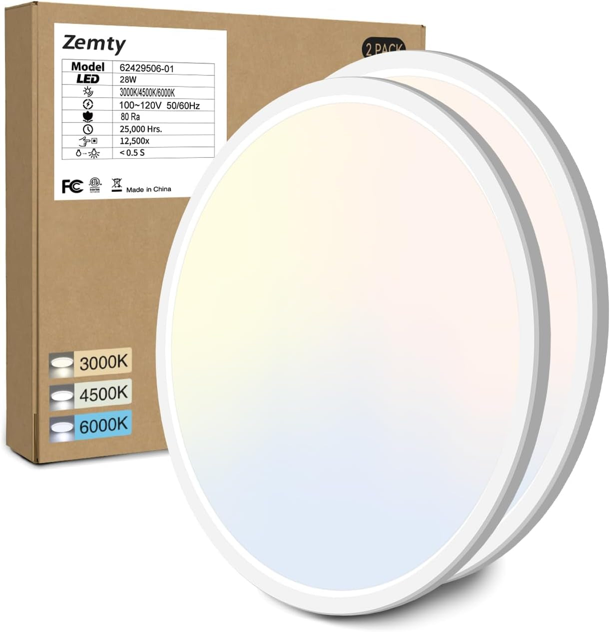 12-Inch LED Flush Mount Ceiling Light Fixture, 28W 3200Lm Adjustable Color Temperature (3000K/4500K/6000K) for Bedroom, Kitchen, and Dining Room (White)