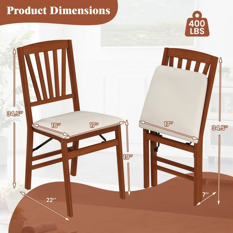Set of 2 Folding Dining Chairs with Padded Seats and Rubberwood Frames