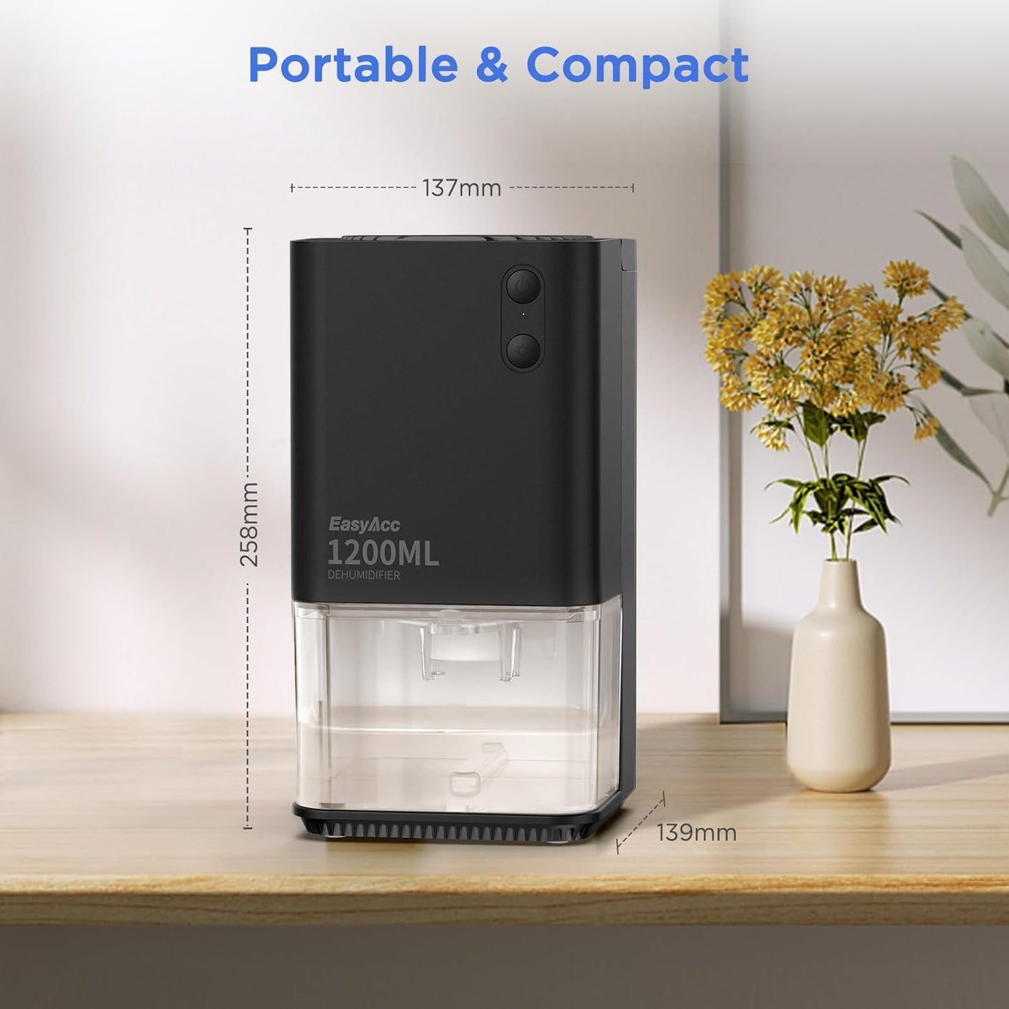 Smart Ultra Quiet Dehumidifier for Home, 200 Sq Ft Capacity, 1200Ml with Auto Shut Off and Handle, Ideal for Bedroom, Bathroom, and Closets - Black