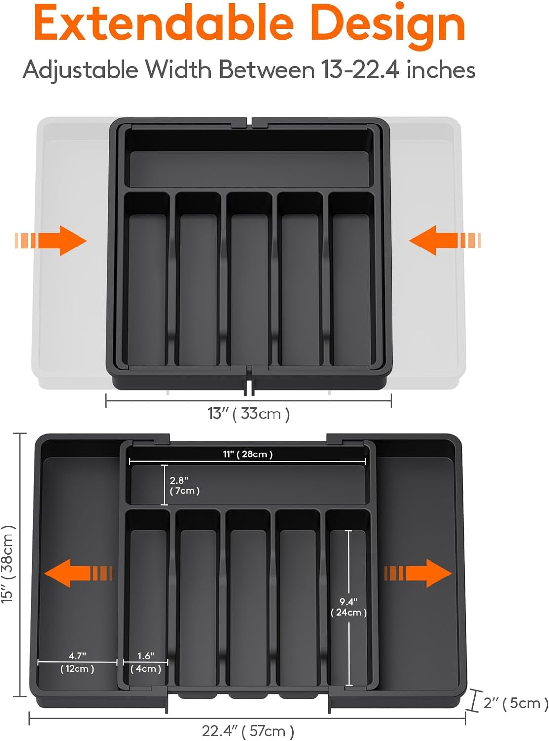Expandable Cutlery Drawer Organizer - BPA-Free Adjustable Utensil Tray for Kitchen Storage, Large Black Flatware and Silverware Holder