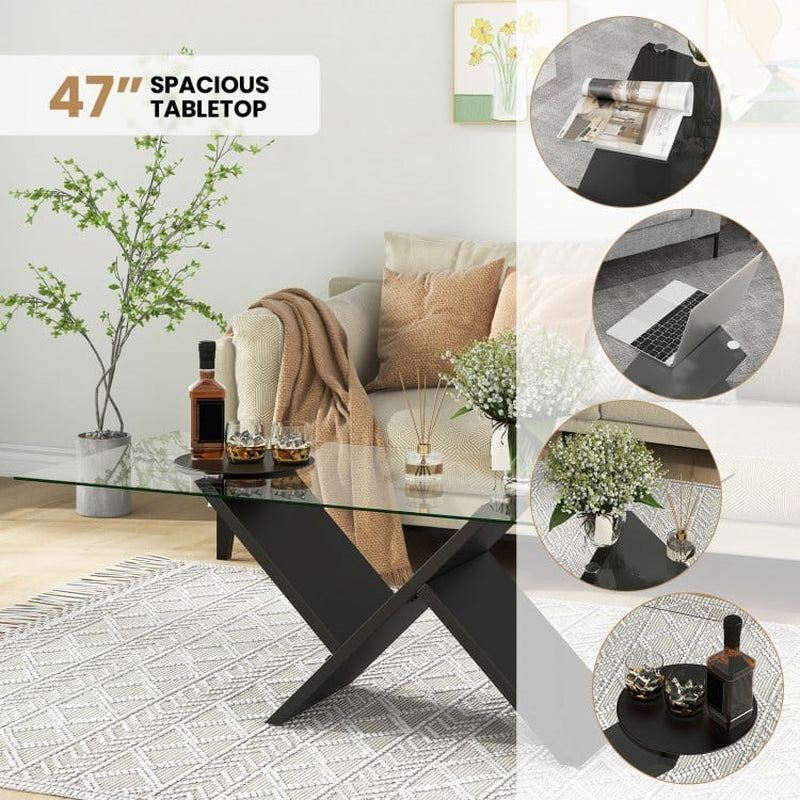47-Inch Modern Rectangle Glass Coffee Table with Tempered Glass Top