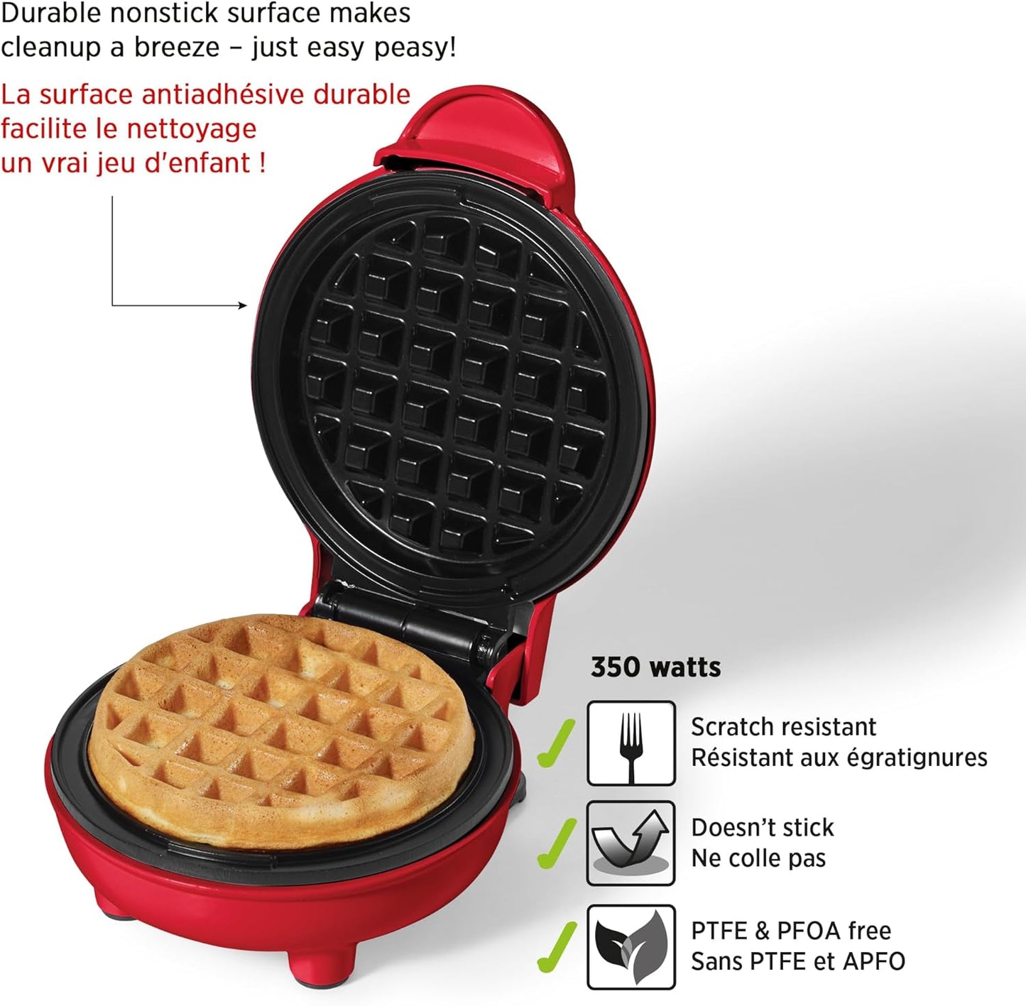 Electric Mini Waffle Maker with 4-Inch Non-Stick Cooking Surface - User-Friendly and Easy to Clean - Red - 350W
