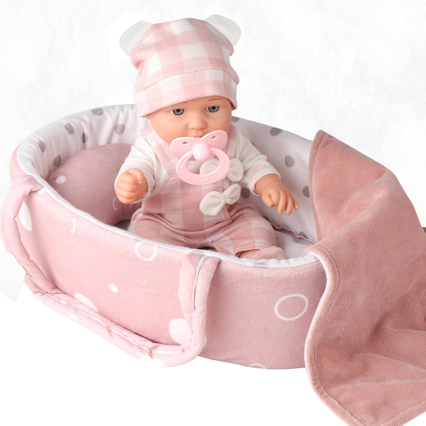 12-Inch Baby Doll Set with Clothing, Bassinet, Hat, Pillow, Blanket, and Pacifier