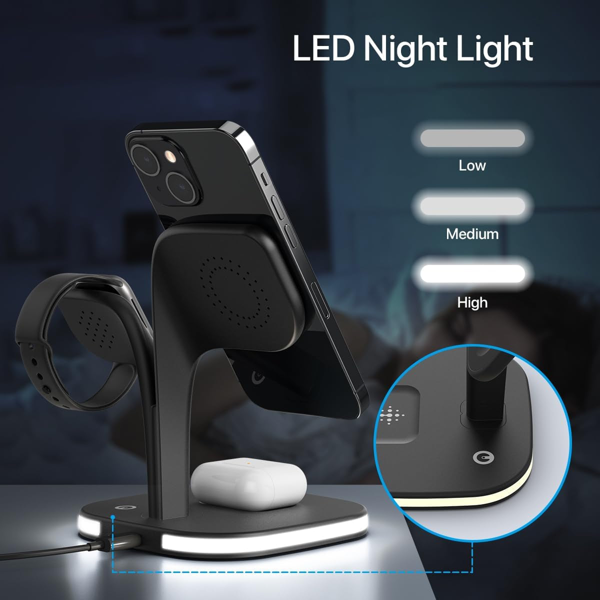 Wireless Charging Station for MagSafe-Compatible Devices - Multi-Device Charger for iPhone, iWatch Series, AirPods Pro - LED Indicator and Adapter (Black)