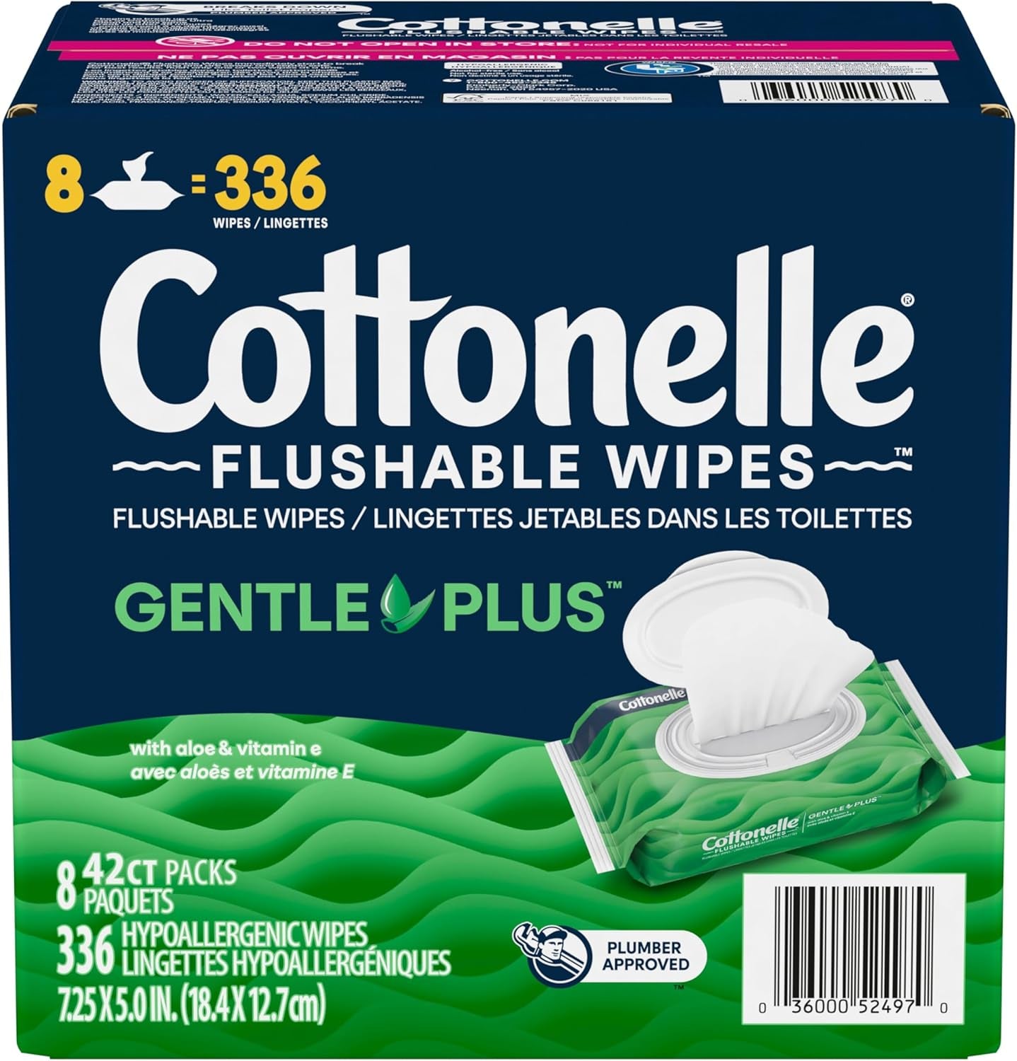 Gentleplus Flushable Wet Wipes - Aloe & Vitamin E, Adult Wet Wipes, 8 Flip-Top Packs, 42 Wipes per Pack (336 Total Flushable Wipes)