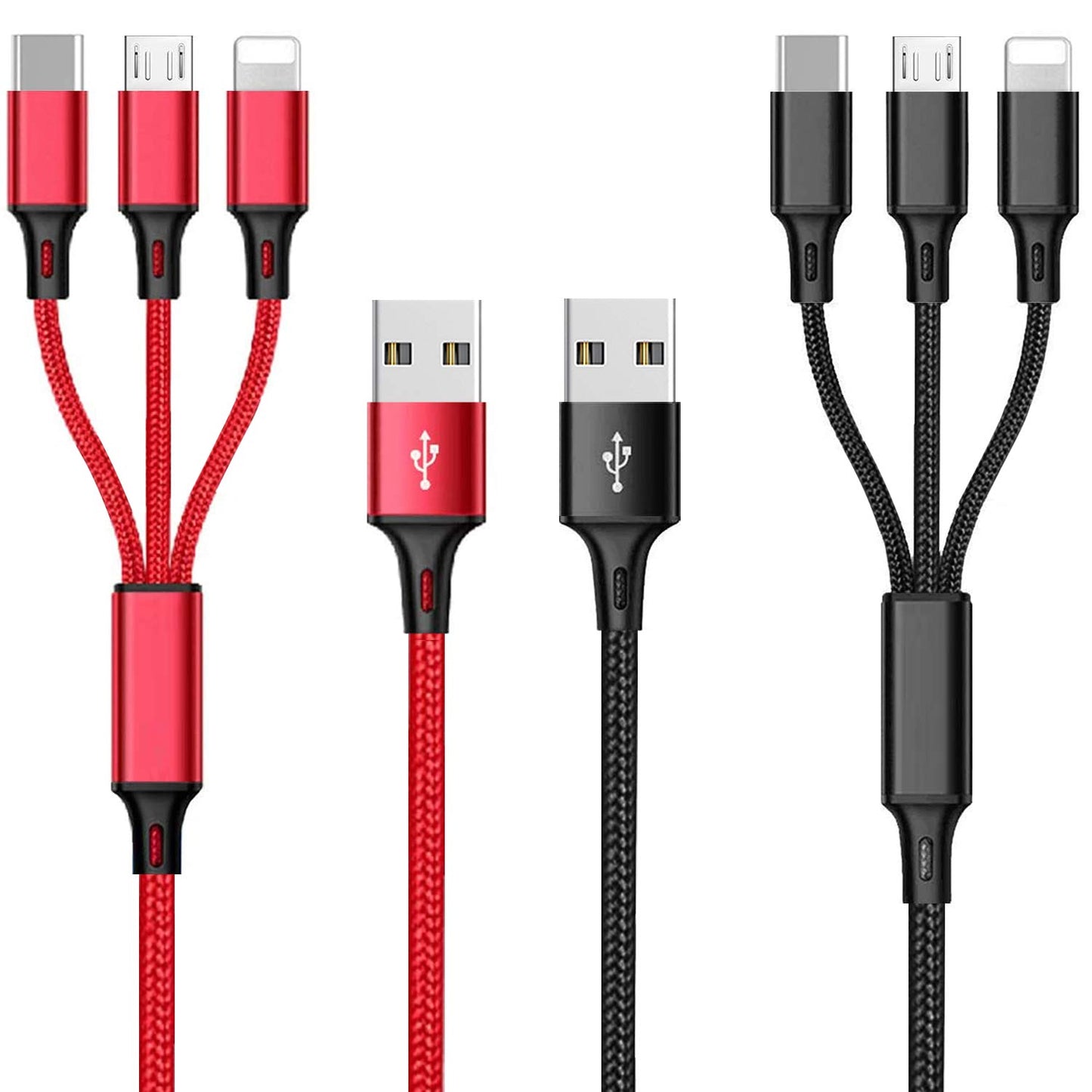 Multi Charging Cable, 4Ft 2Pack Multi Phone Charger Cable Braided Universal 3 in 1 Charging Cord Extra Long Multiple USB Cable with USB C, Micro USB Port Connectors(Red+Black