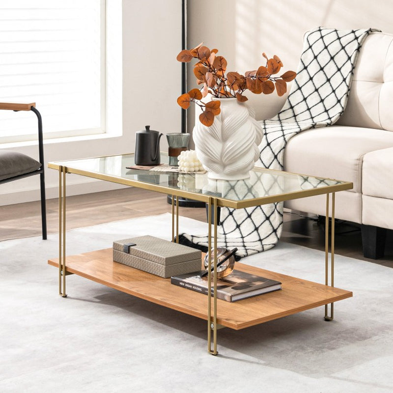 Two-Tier Rectangular Glass Coffee Table with White and Gold Steel Frame