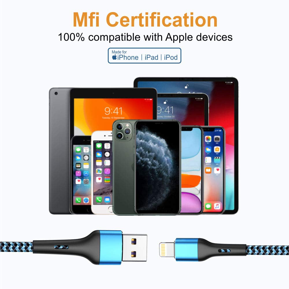 iPhone Charger Cable 4-Pack (1.5ft, 3ft, 6ft, 6ft) - MFi Certified Lightning Cable, Fast Charging Nylon Braided
