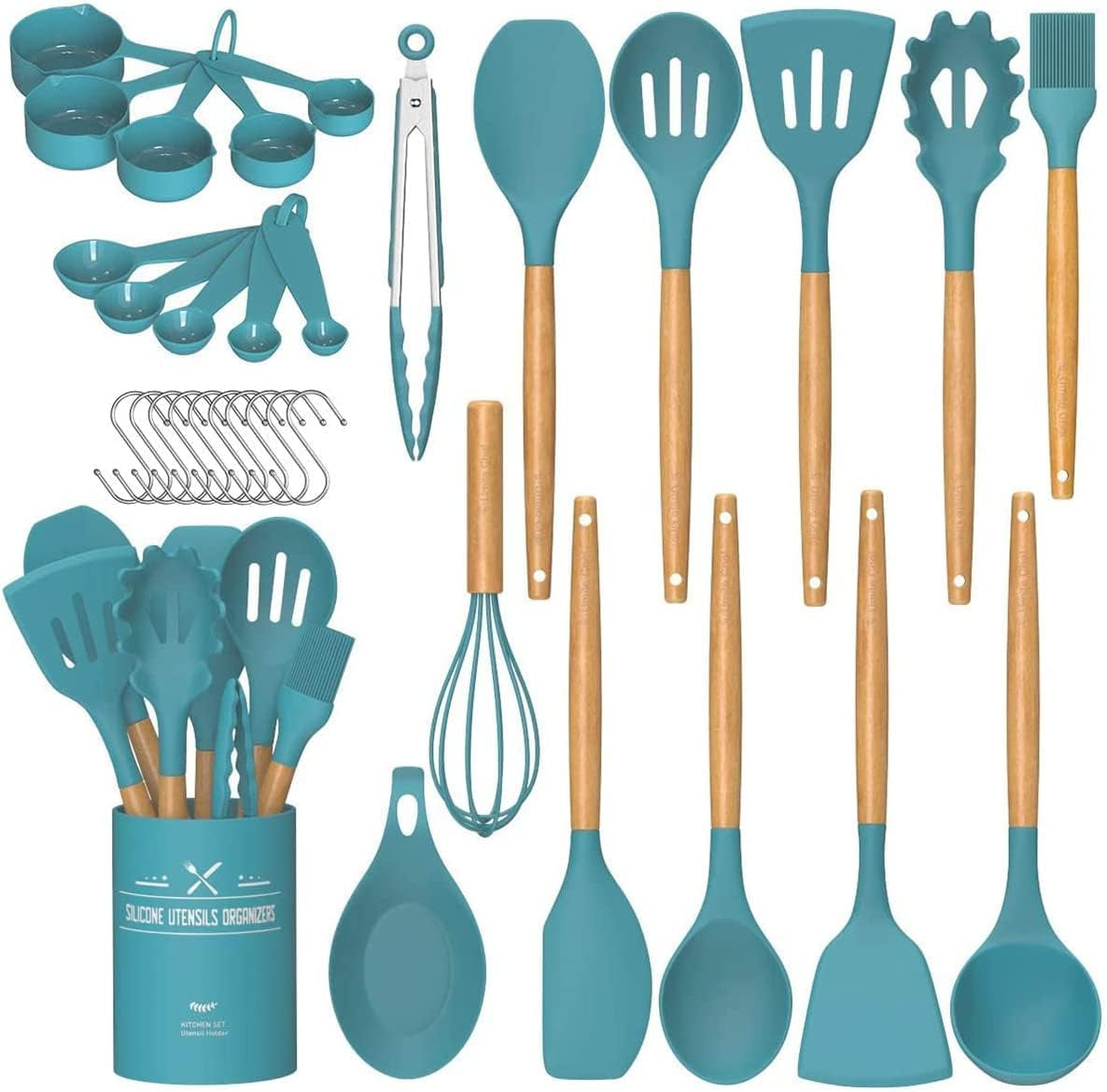 33-Piece Non-Stick Silicone Kitchen Utensils Set with Wooden Handles and Holder (Khaki)