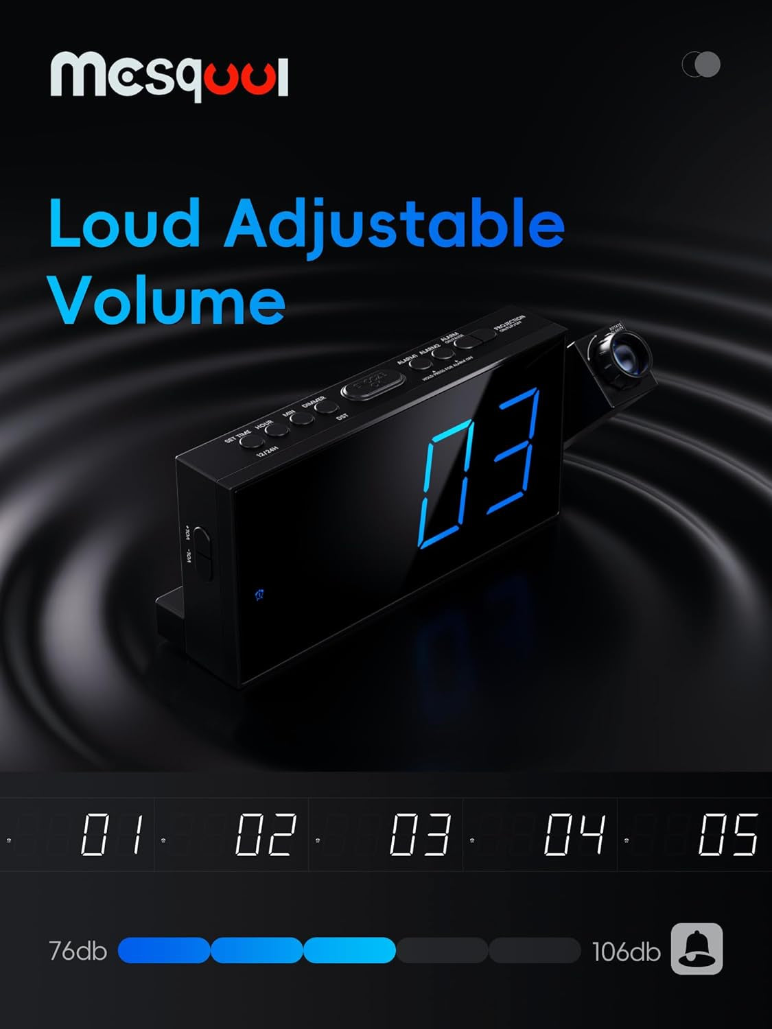 Projection Alarm Clock with 7" LED Display, Adjustable Dimmer, 5 Volume Levels, 9-Minute Snooze, Dual Alarm Functionality, USB Charging Port