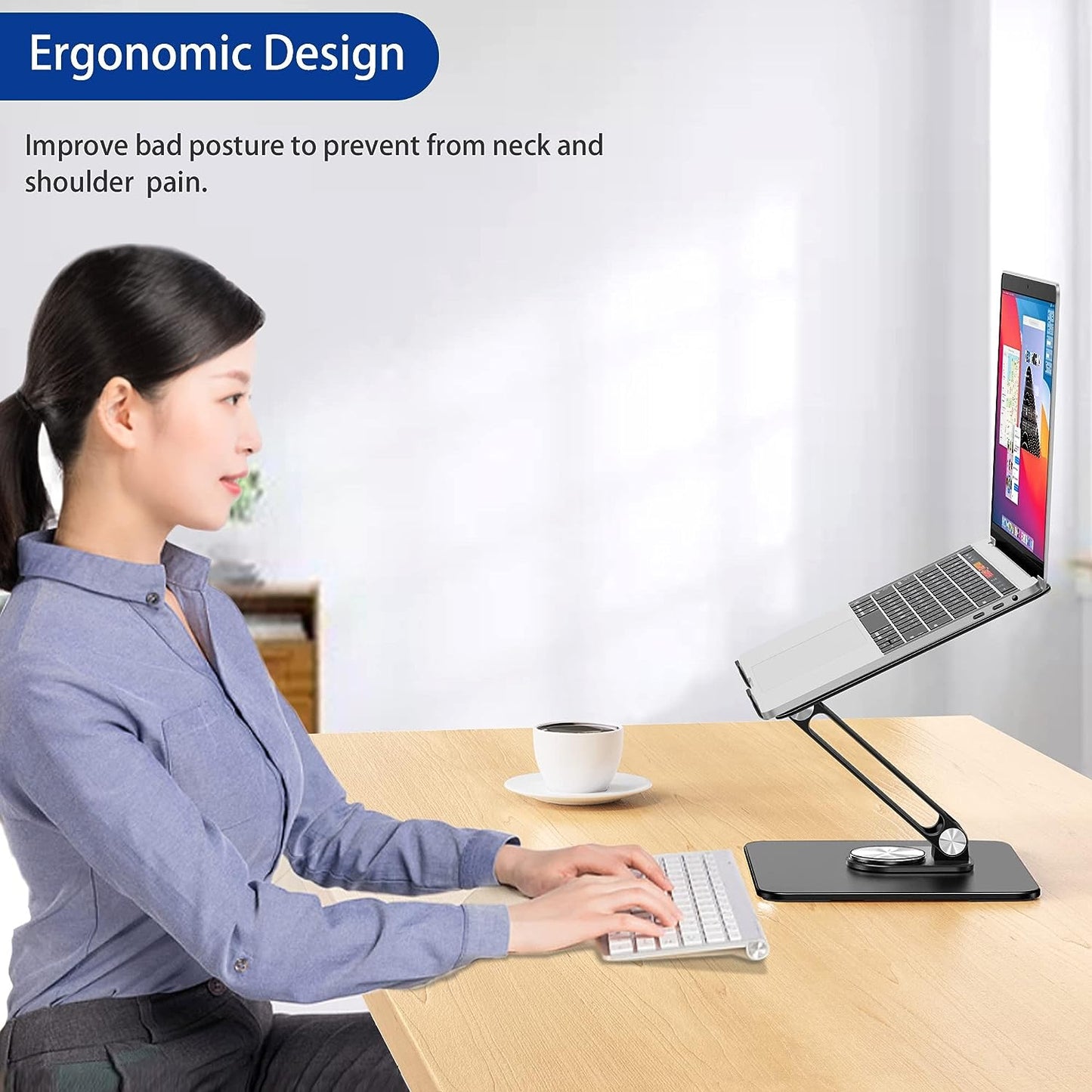LSX7 Ergonomic Laptop Stand with 360° Rotating Base, Adjustable Riser for 10-15.6" Laptops, (Black)