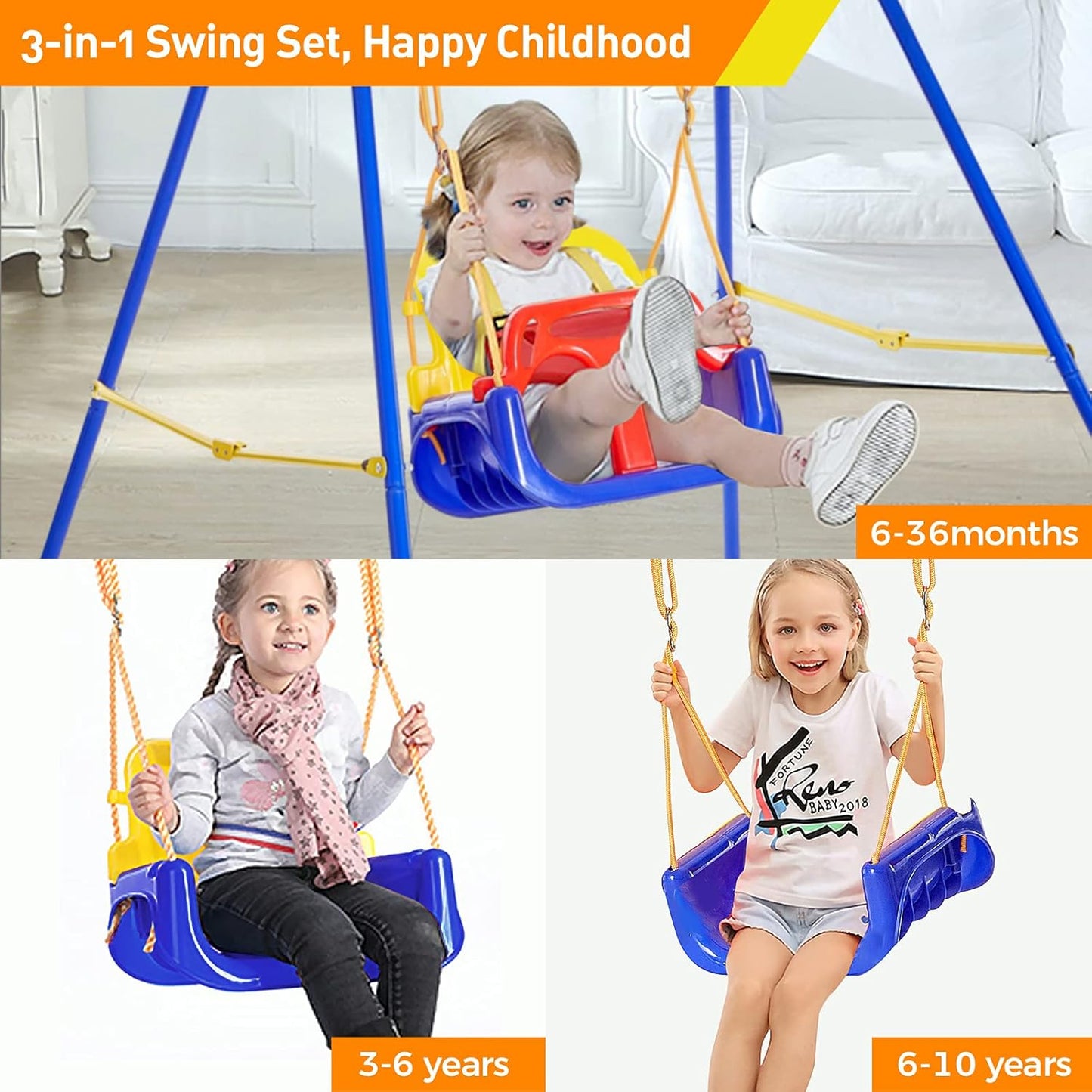 3-in-1 Toddler Swing Set - Safety Harness Sandbags - Heavy-Duty Indoor/Outdoor Play Equipment - Folding Metal Stand