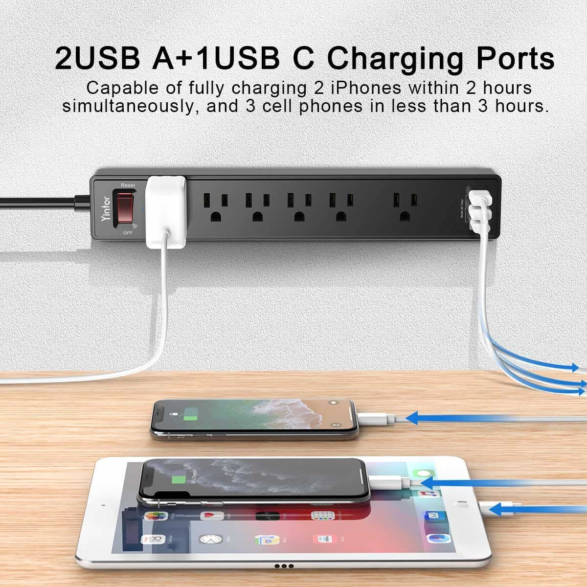 6-Foot Power Strip Surge Protector with 6 AC Outlets and 3 USB Ports (1 USB-C), 1680 Joules, ETL Listed, Black