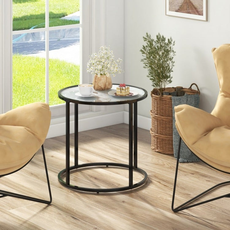 20-Inch Glass End Table Featuring a Metal Frame and Faux Marble Top