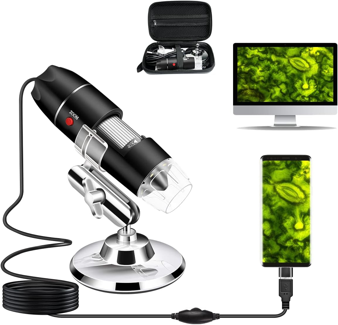 USB Digital Microscope Camera - 40X to 1000X Magnification, Metal Stand, Carrying Case - Android, Windows, Linux, and Mac