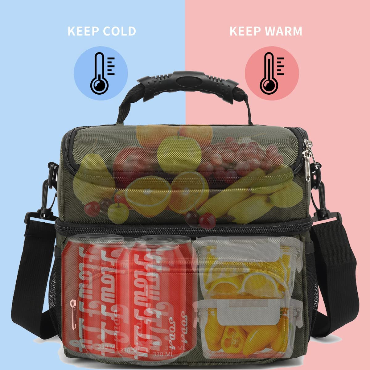 Insulated Adult Lunch Bag - Large Double Layer Cooler Tote with Adjustable Strap, Front Pocket, and Mesh Side Pockets in Army Green